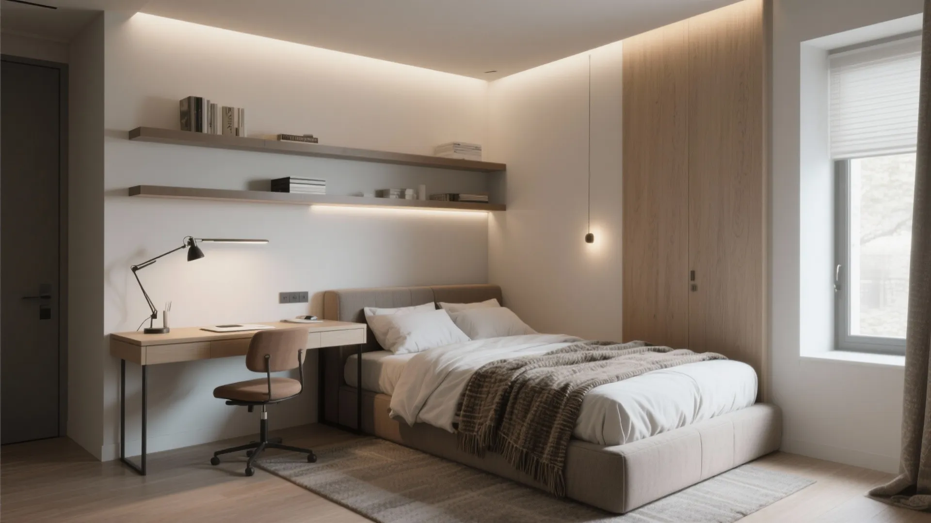 4. Corner bed with floating shelves and a mini workspace