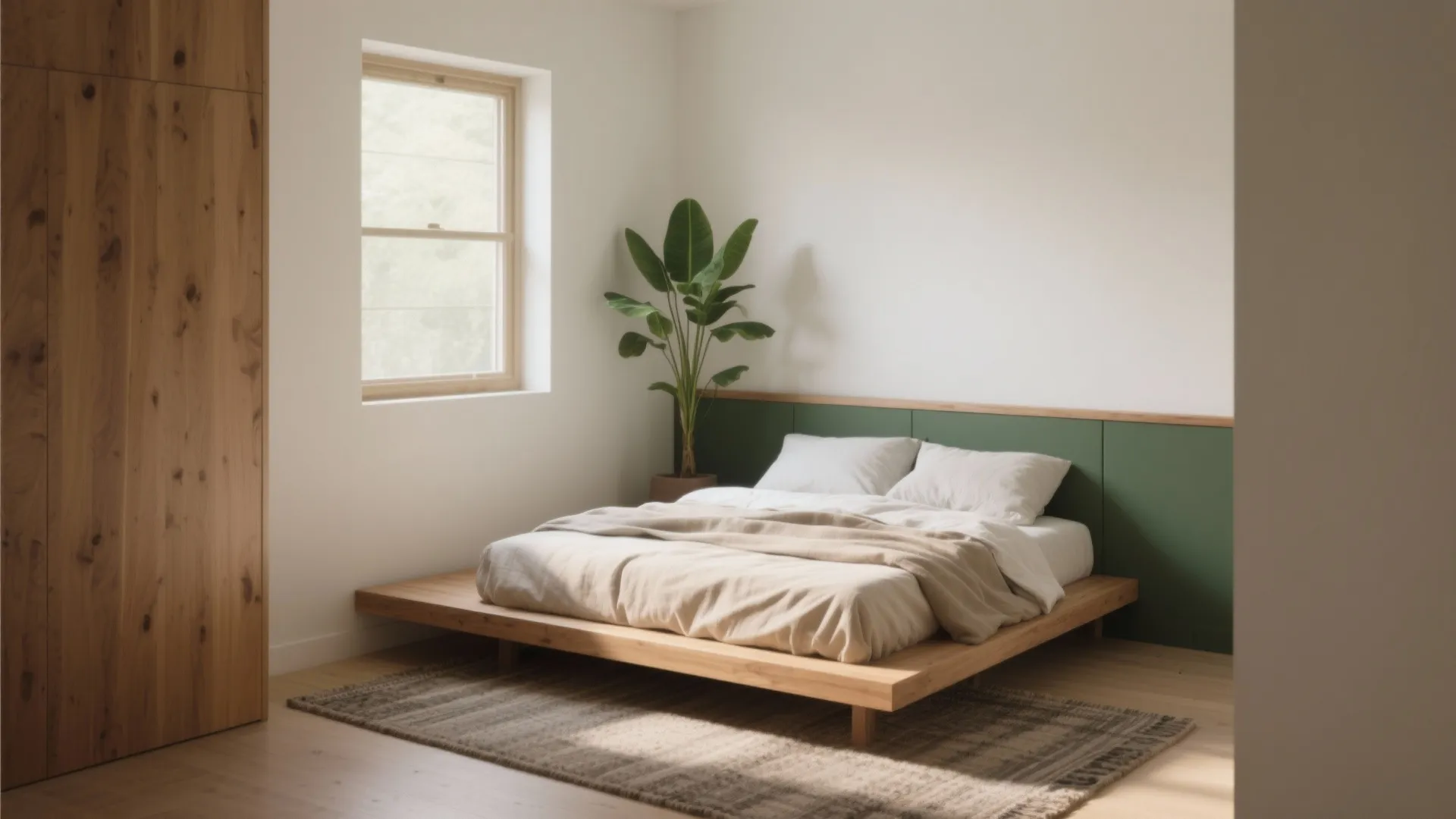 Minimalist bedroom with wooden platform bed green wall panel white walls large plant and window