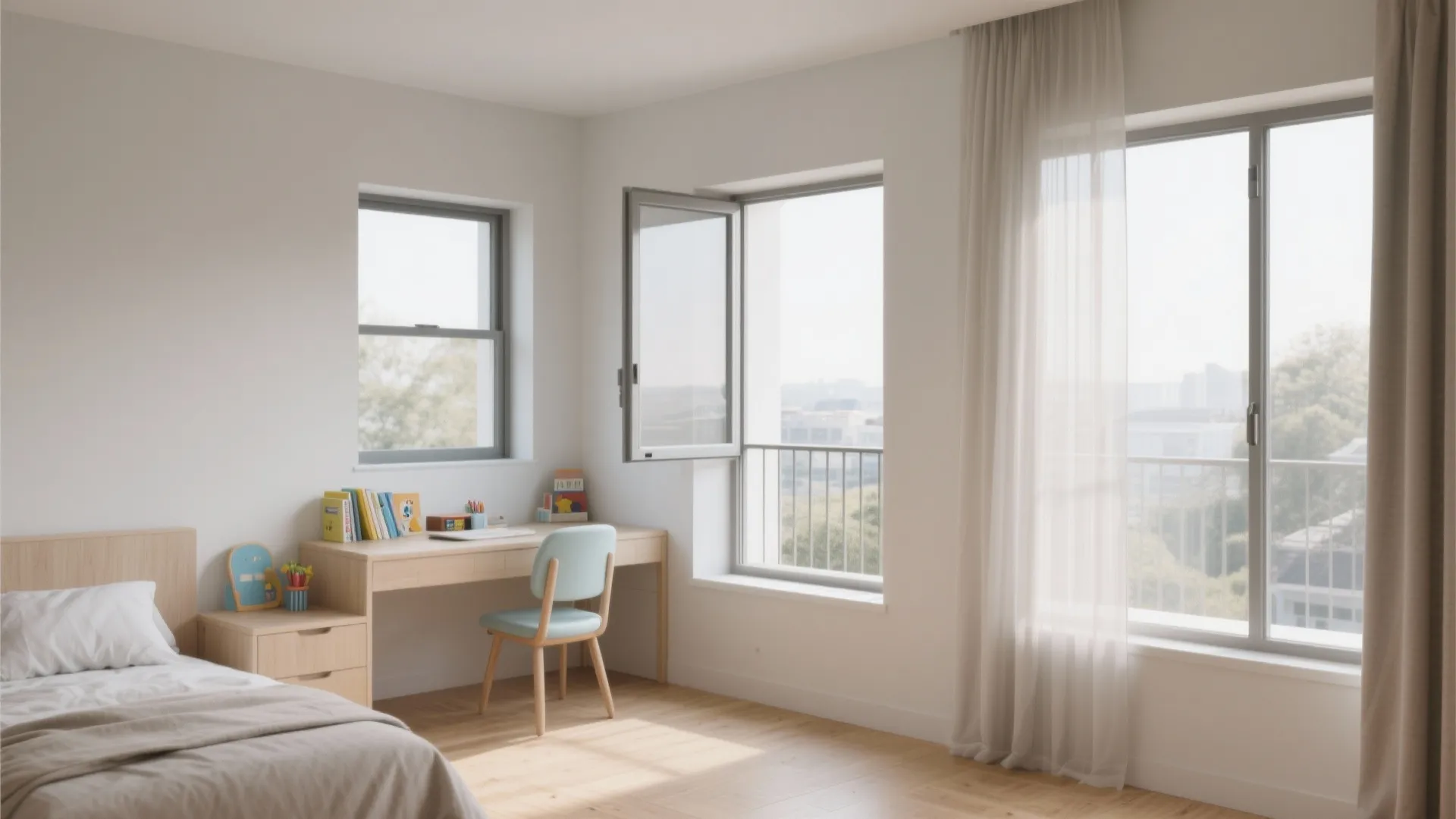 Dual-aspect bedroom with a shallow micro-balcony and open windows for cross-ventilation.