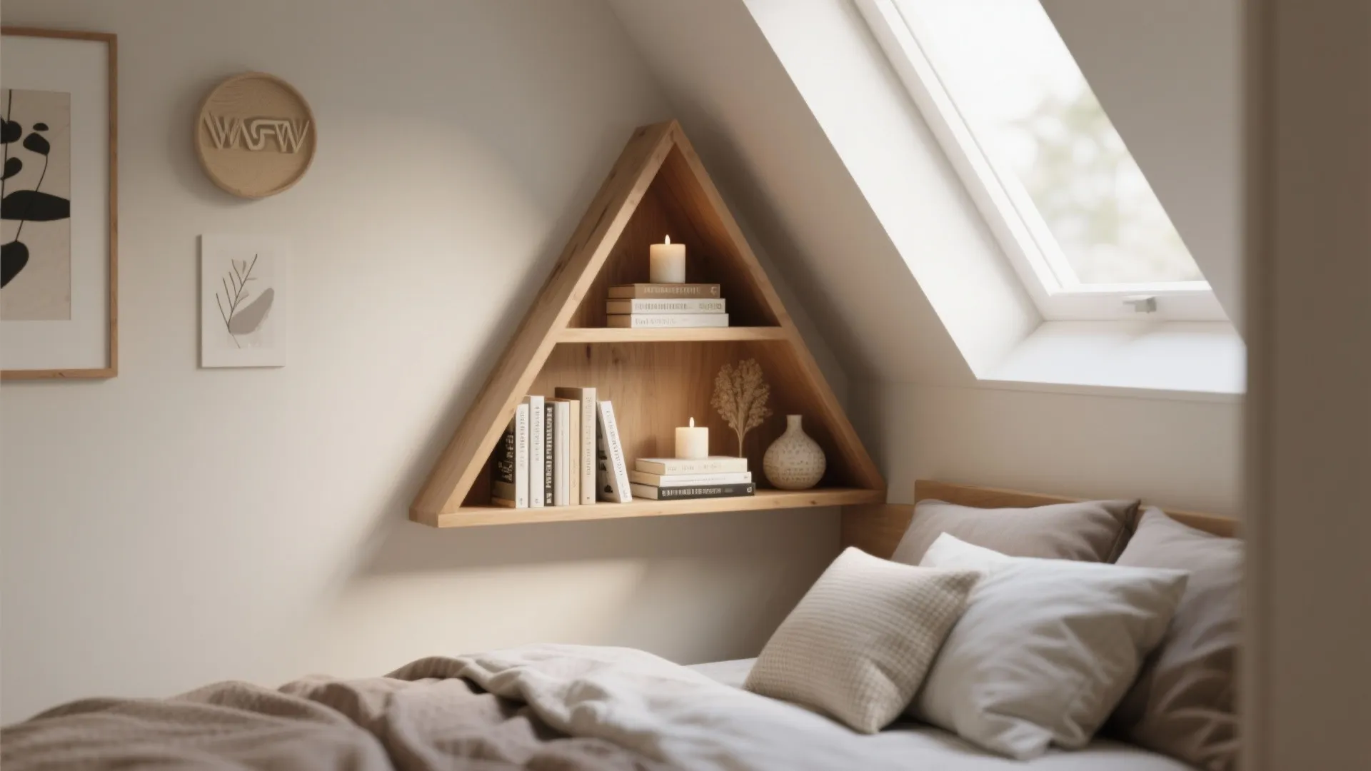 Triangle wooden corner shelf mounted above a bed under a roof window with white walls