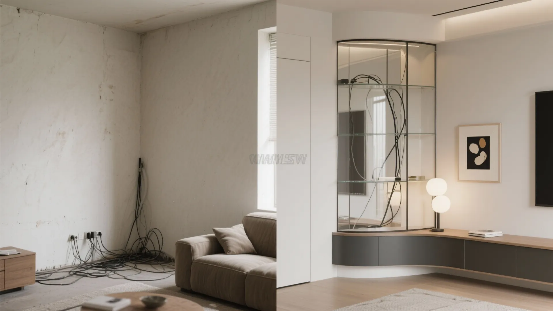 Before and after comparison of a messy living room corner versus a clean modern storage
