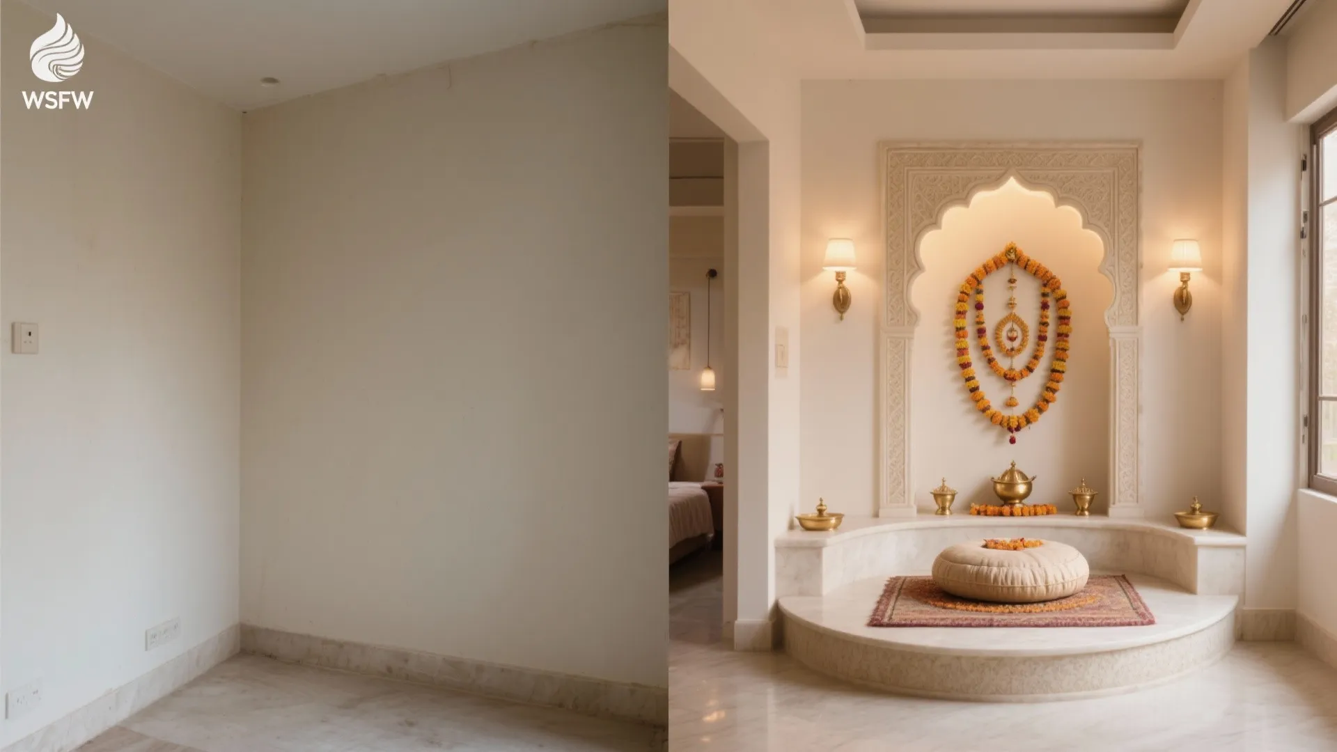 Before and after comparison of a bare white corner and a decorated traditional prayer space