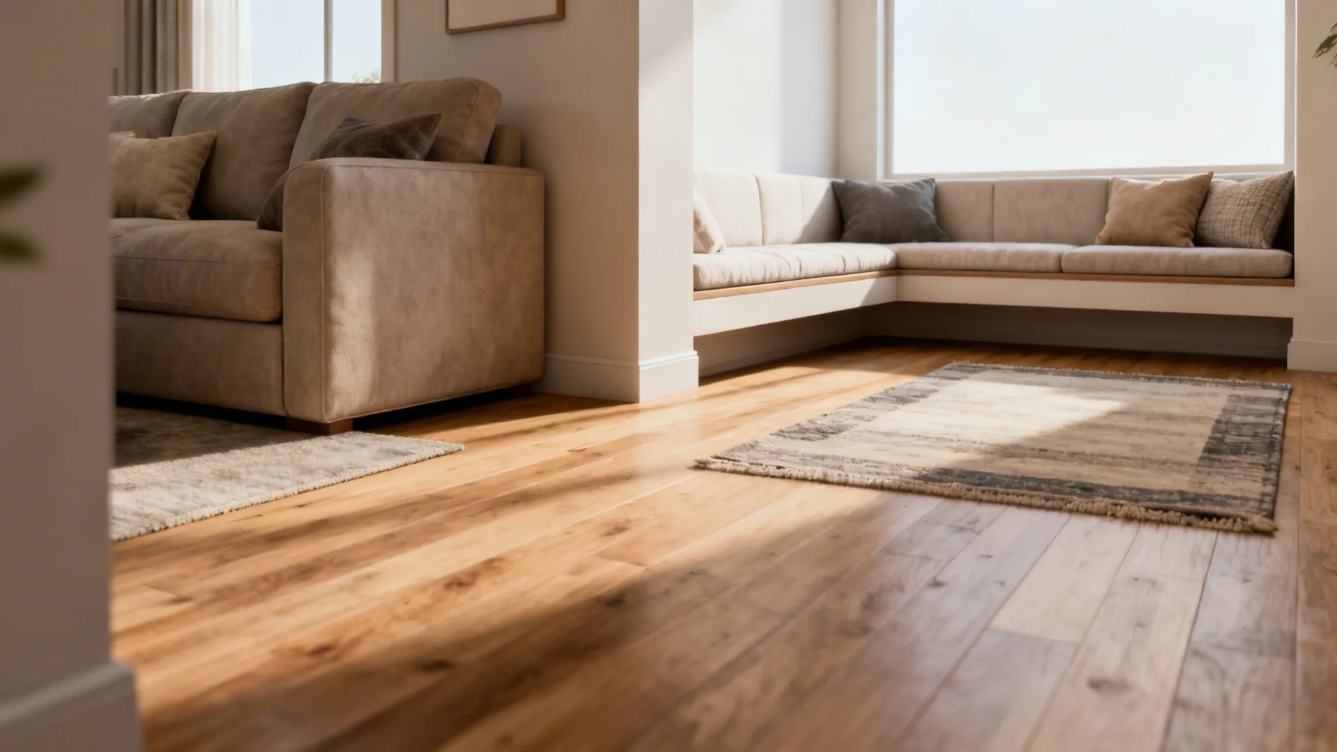 Before-and-after of corner seating: cluttered layout vs optimized L-shaped banquette and floating sofa.