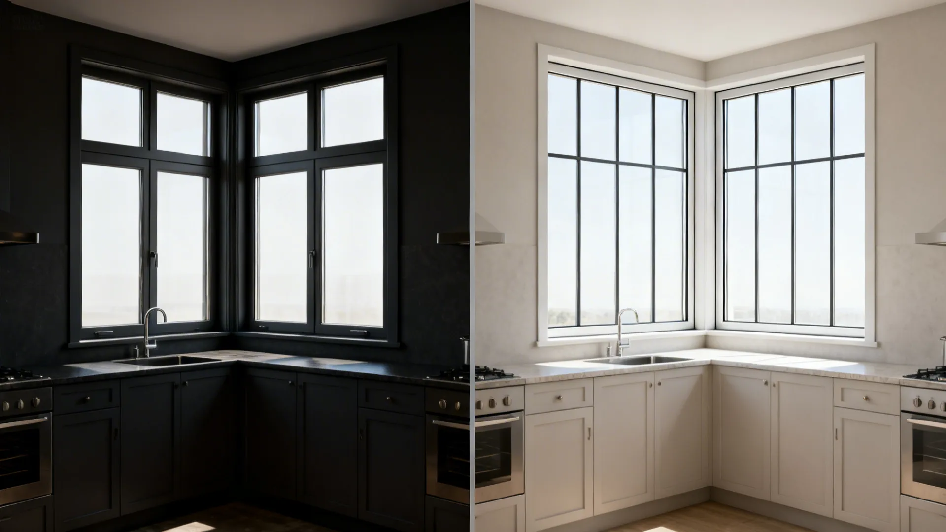 Before-and-after of a kitchen corner showing bulky frames replaced by slim minimal mullions.
