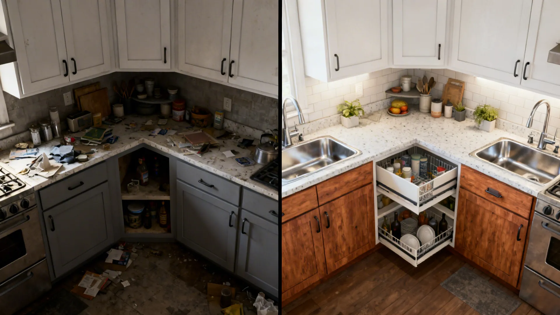 Before and after comparison of messy dark kitchen versus clean organized wood cabinet kitchen corner