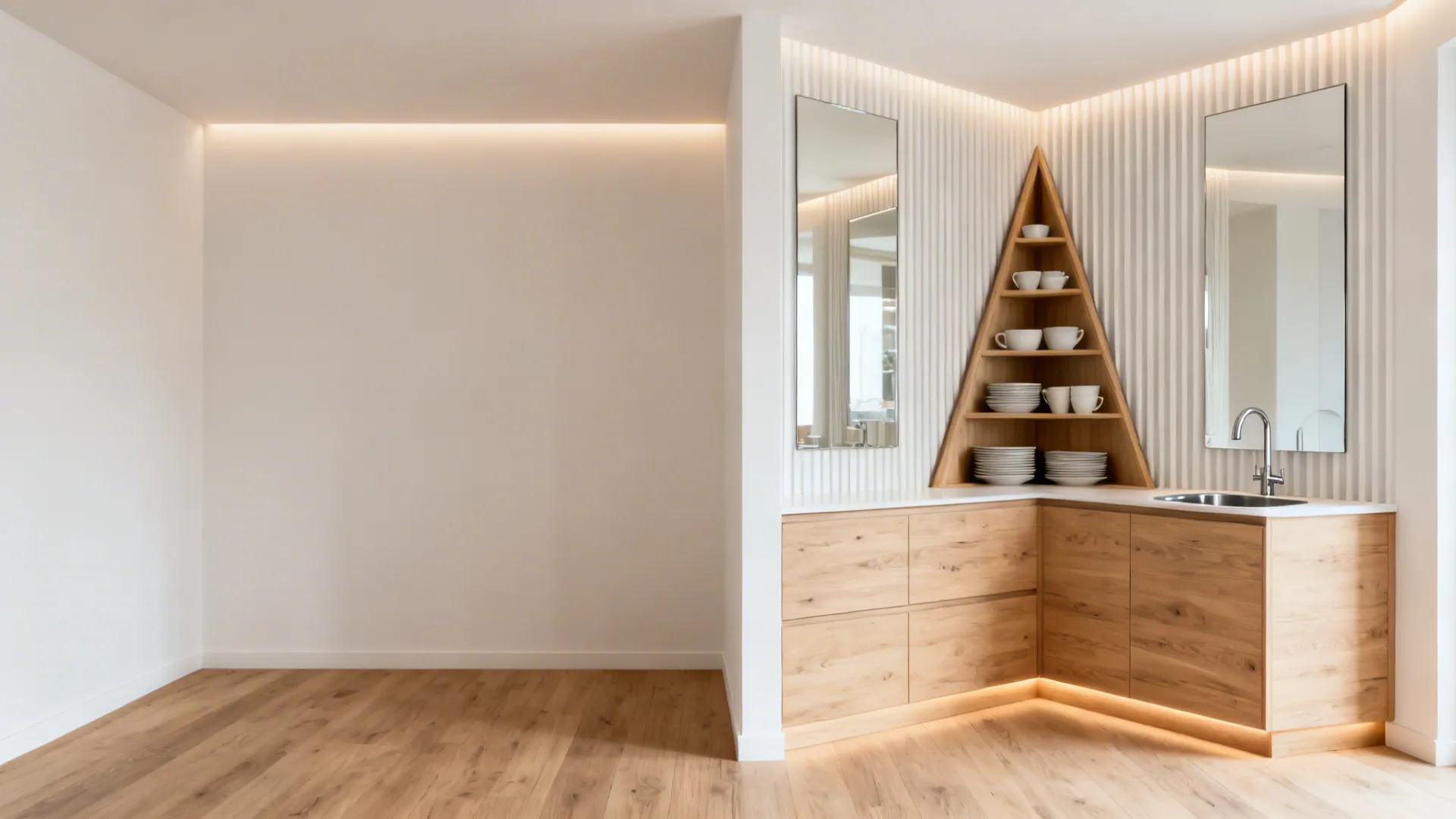 Before and after of a dining corner transformed into a crockery tower with a compact sink and mirrored backsplash.