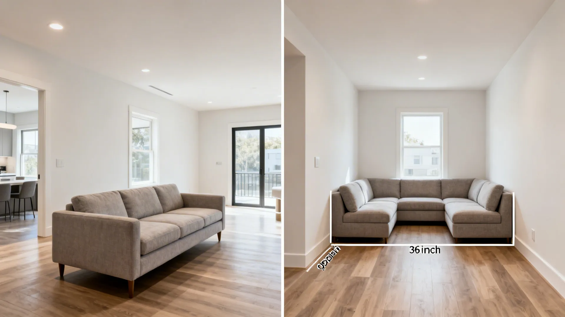 Before-and-after comparison showing a standard sofa versus a corner sectional that frees floor space.