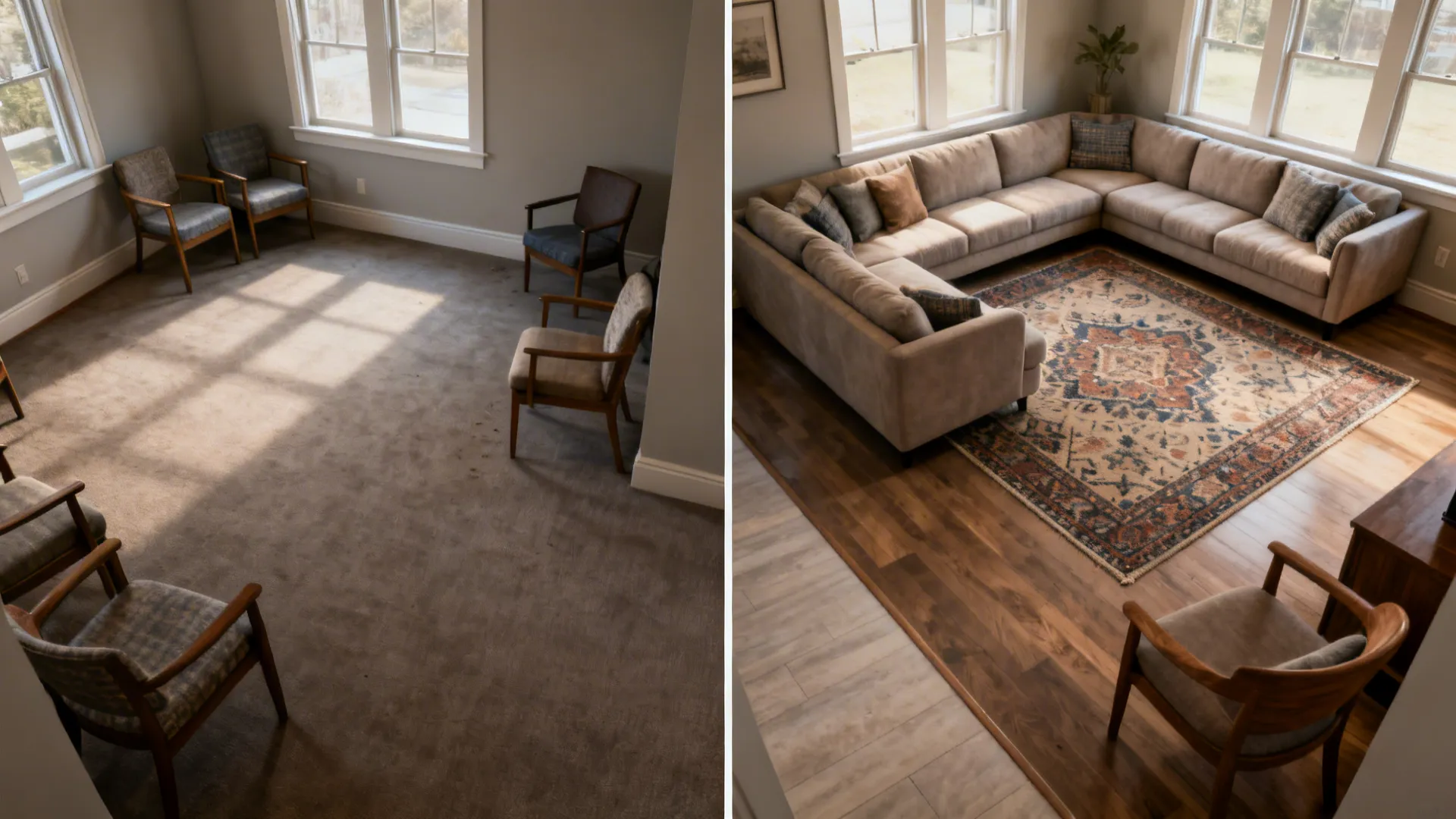 Before-and-after of an L-shaped living room transforming an unused corner into a sectional seating zone.