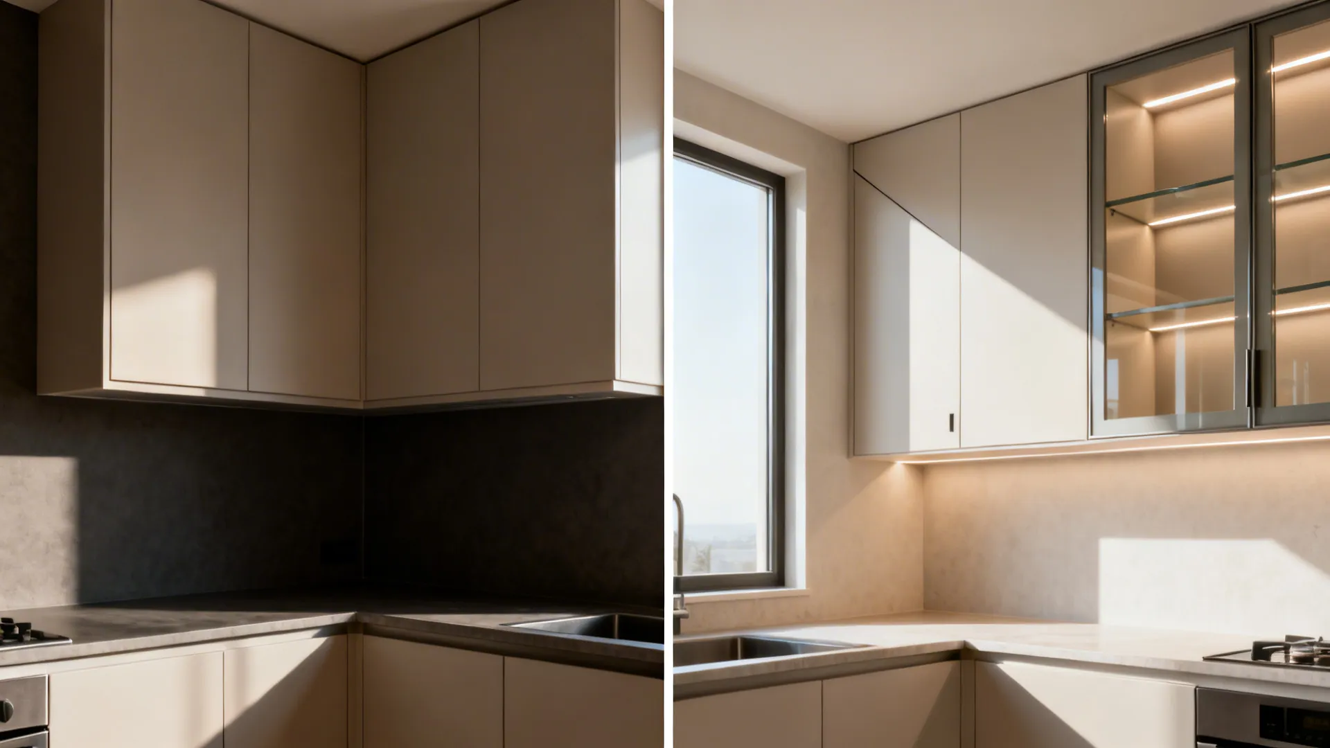 Before-and-after of a small kitchen corner changing from bulky closed uppers to brighter optimized solutions.