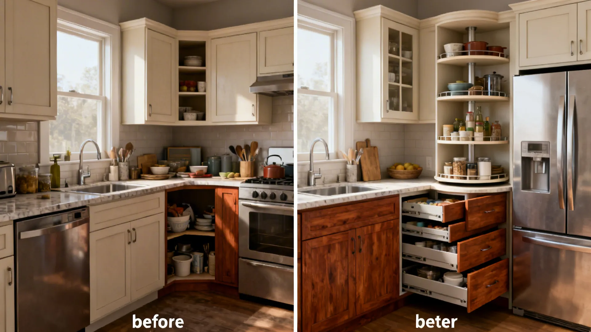 Before-and-after of a compact kitchen corner upgraded with a smart corner unit and full-height pantry.