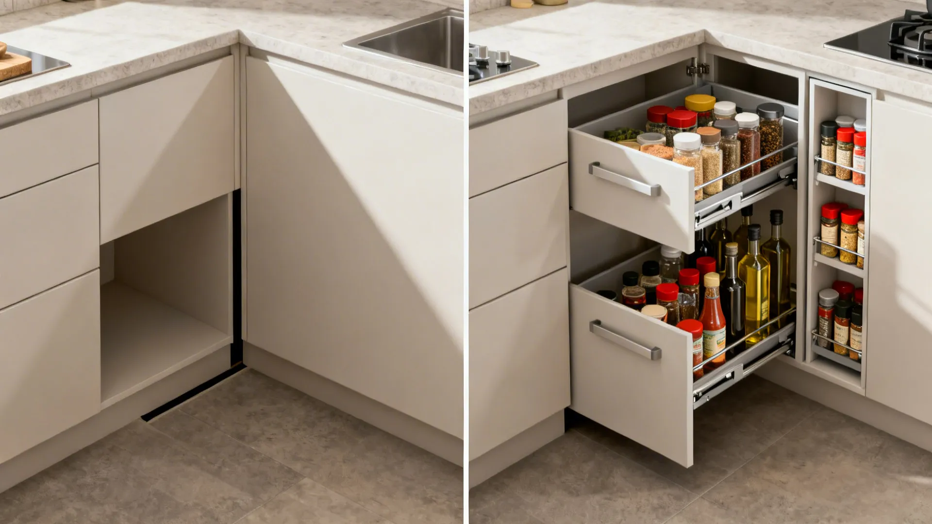 Before-and-after of a blind corner upgraded to LeMans trays with a slim pullout pantry beside the range.