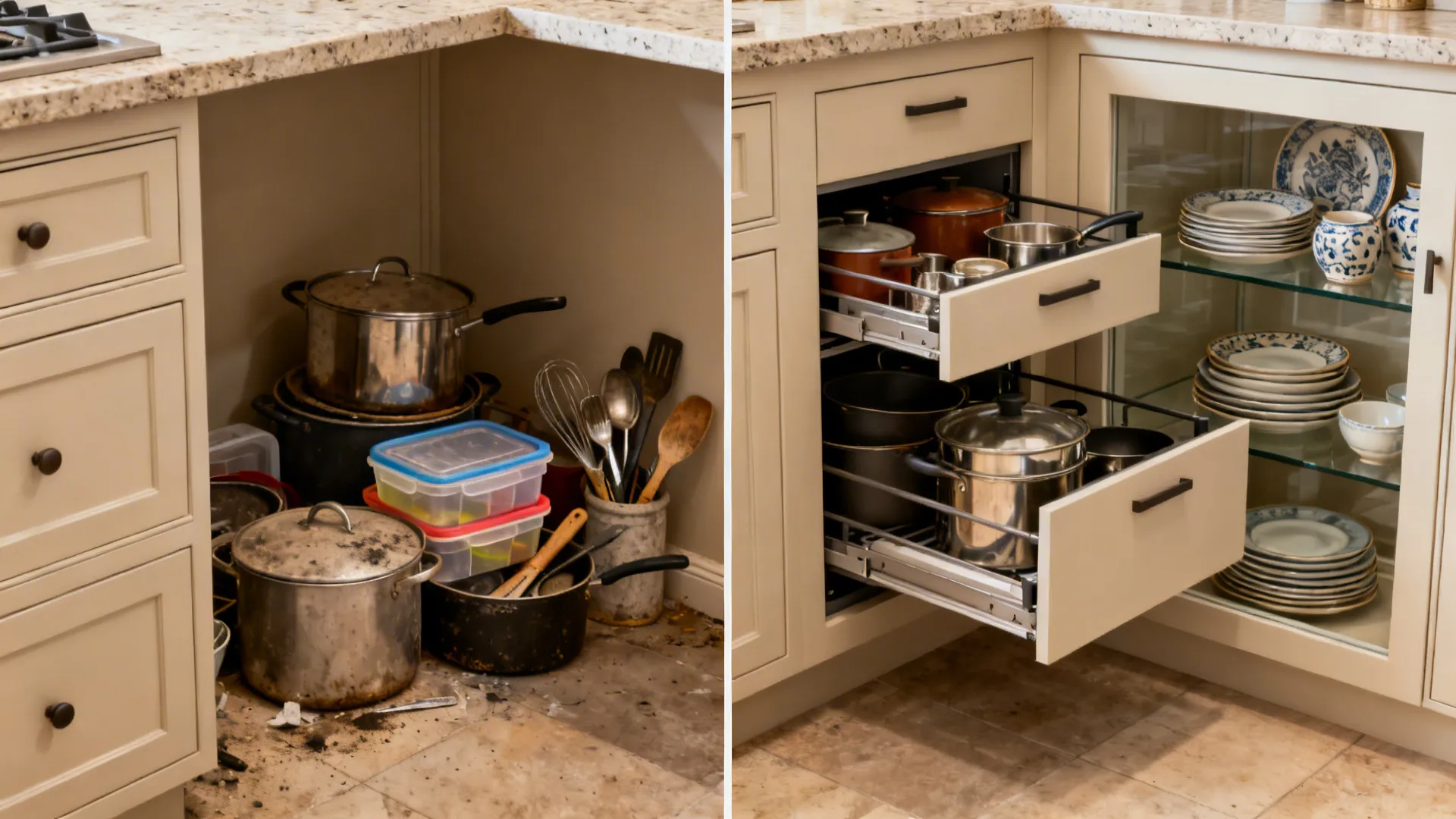 Before-and-after view of a tiny kitchen corner transformed from cluttered dead space to organized pull-out and glass niche.