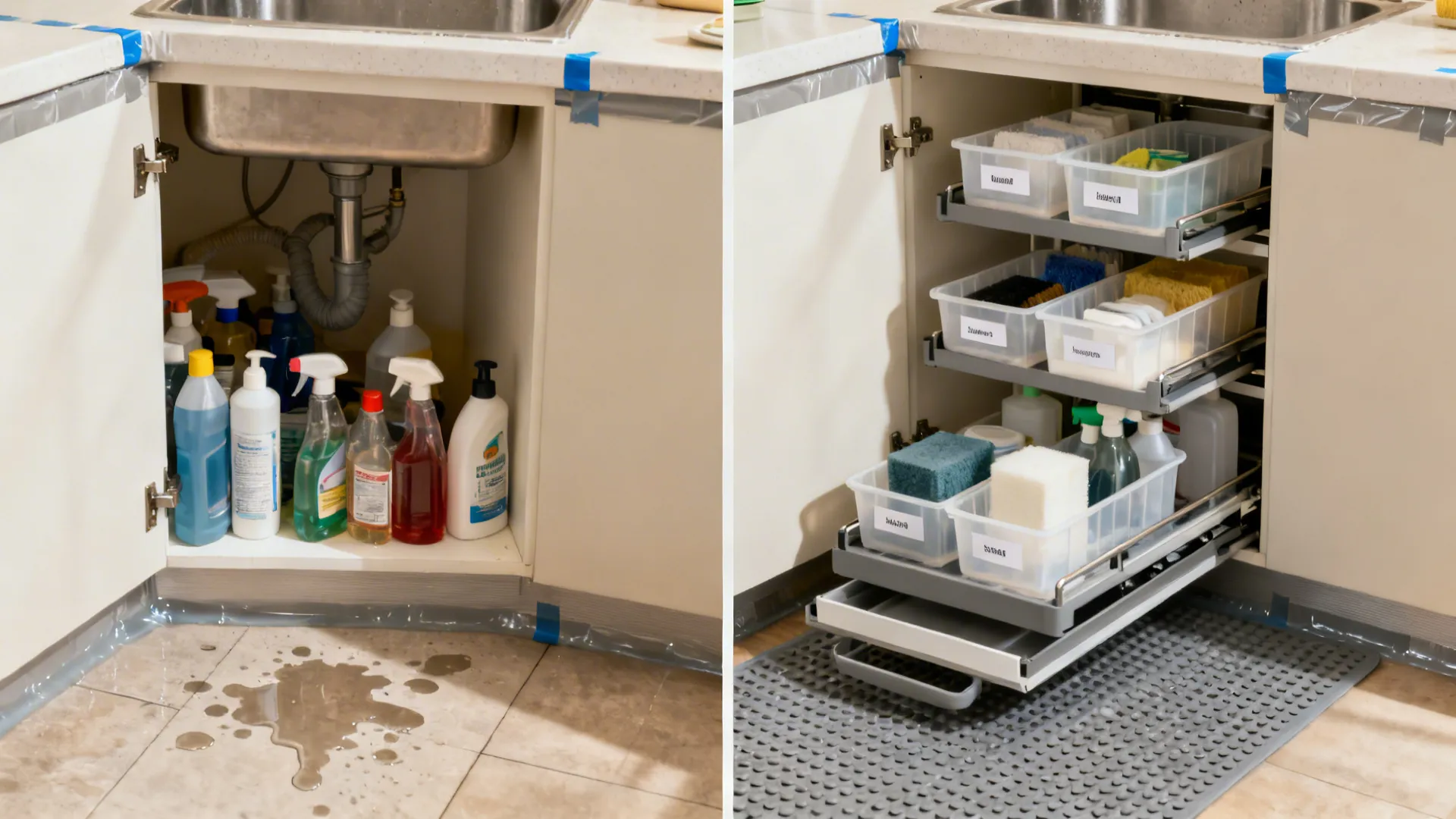 Before and after comparison of messy under sink storage versus organized pull out drawer with bins
