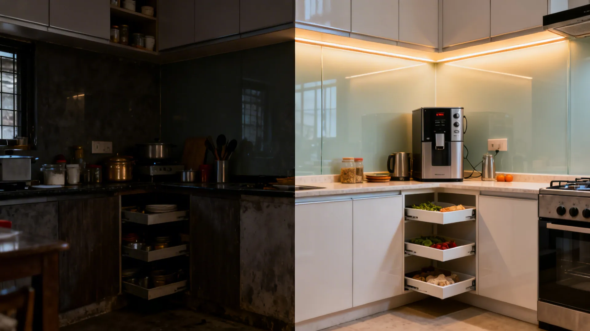 Comparison showing a dark old kitchen versus a bright modern white kitchen with new cabinets