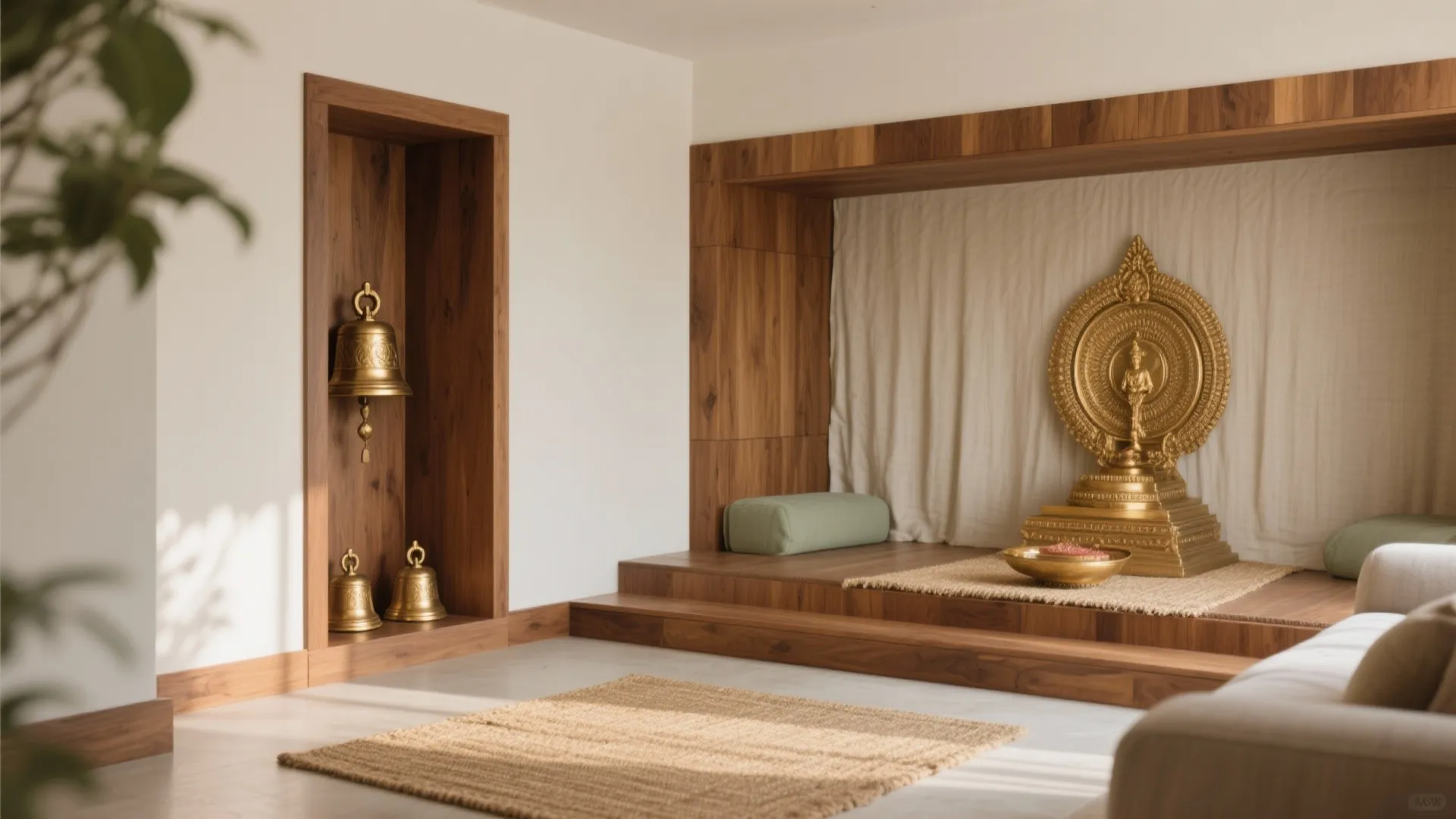 Corner mandir with L-shaped alcove and bell nook