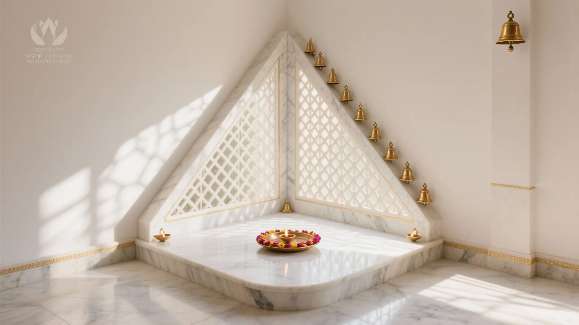 Corner Marble Mandir with Soft Lattice and Bell Details