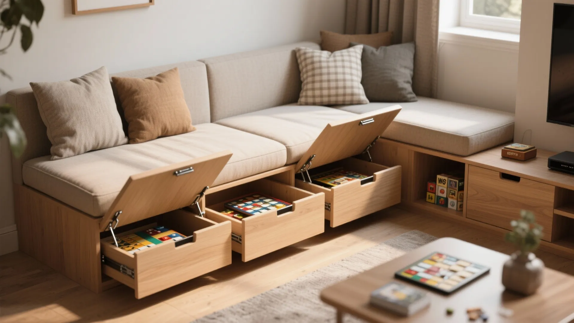 Built in wood sofa with storage drawers underneath showing organized toys and comfortable beige cushions