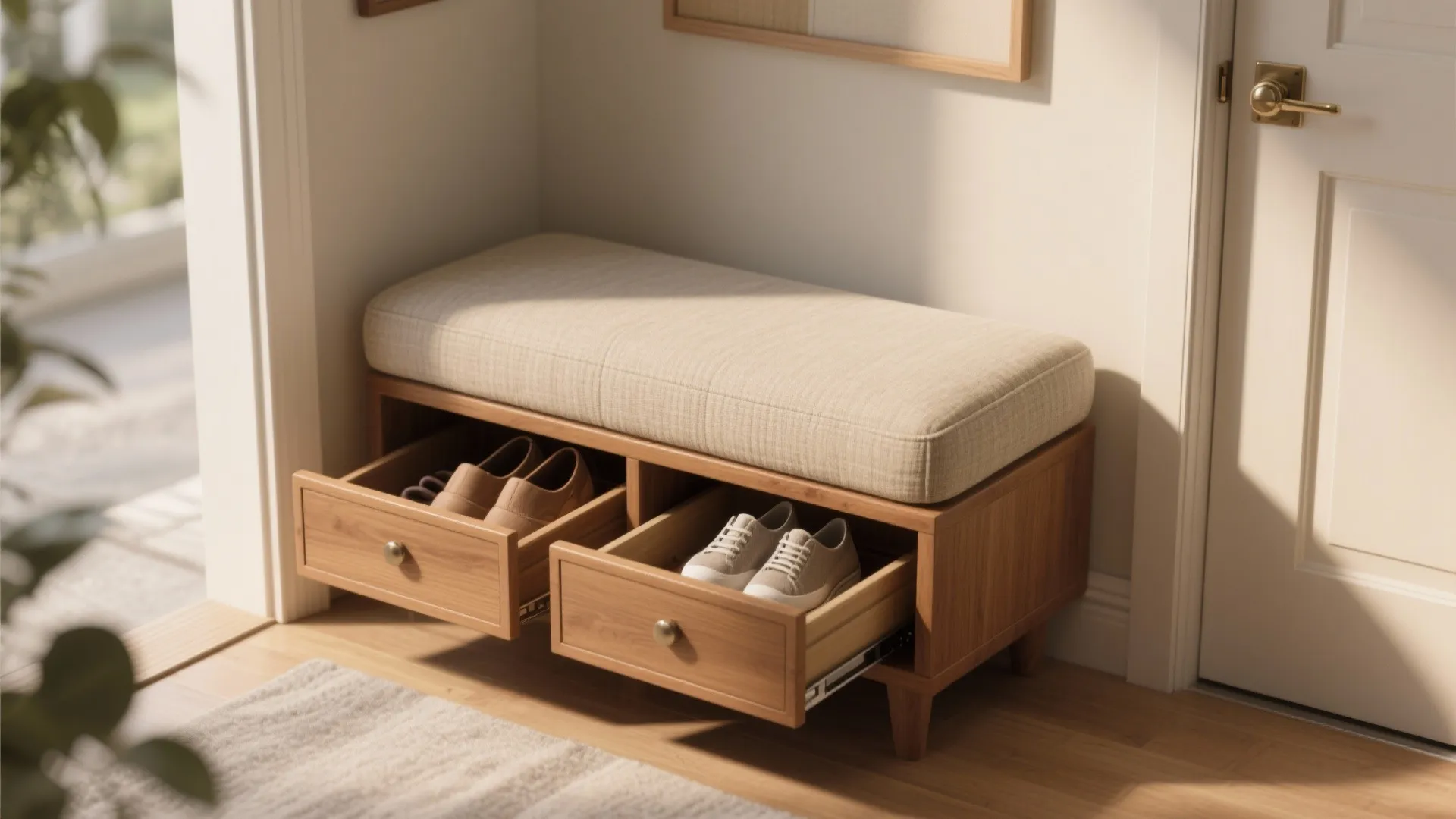 3. Corner entry bench with pull-out trays