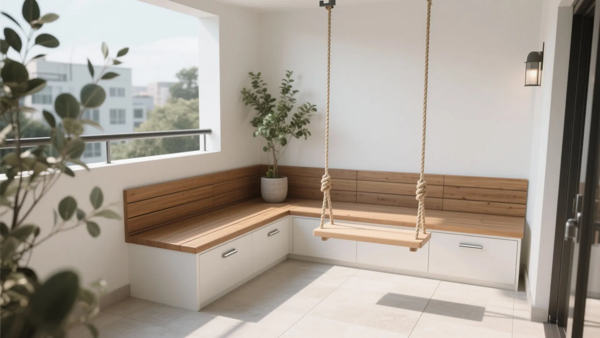 Modern balcony with corner wood bench storage white cabinets hanging wooden swing and green potted plant