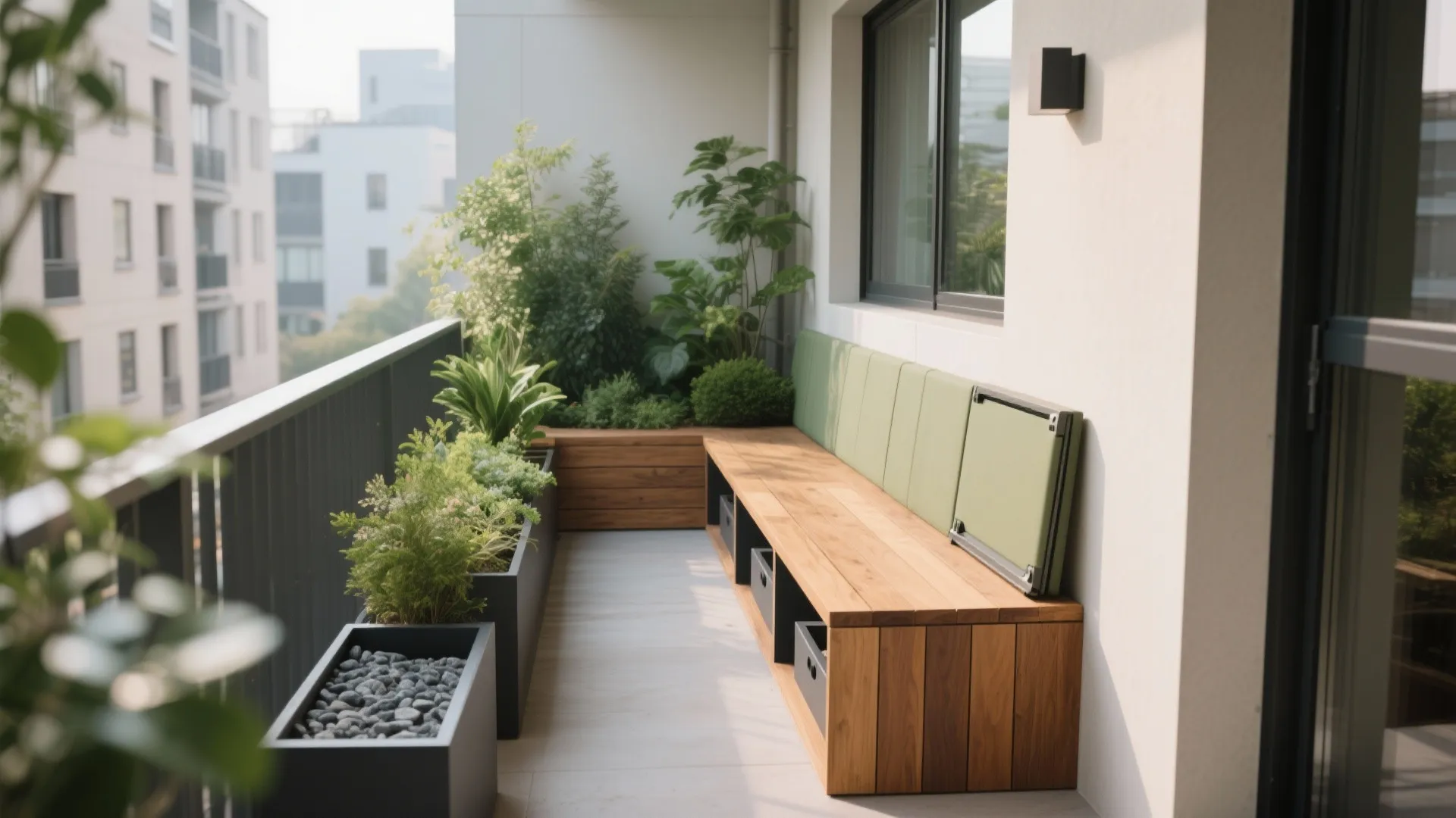 Narrow balcony with L-shaped corner bench and integrated planter back, clear circulation and warm wood textures.