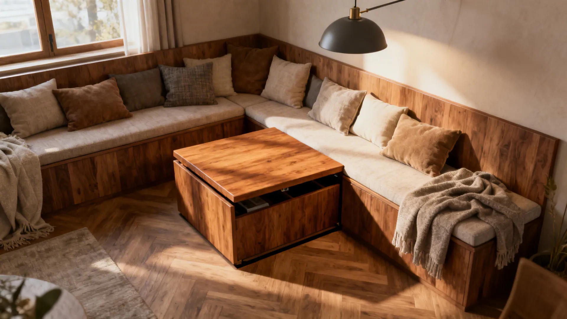 Built-in corner bench with layered cushions and lift-top storage in a cozy living room nook.