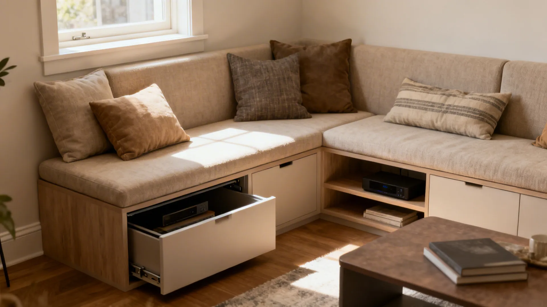 Built-in corner bench with hidden storage and cushions, doubling as seating and media console.