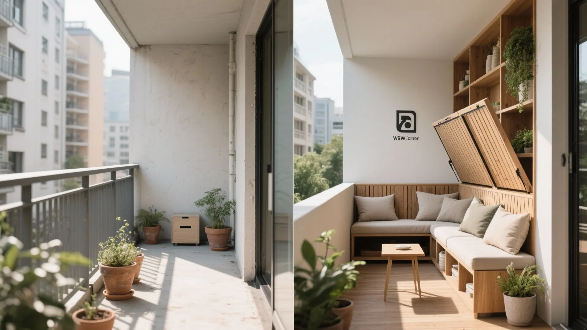 Before and after comparison showing empty balcony transformed into cozy living space with wooden sofa
