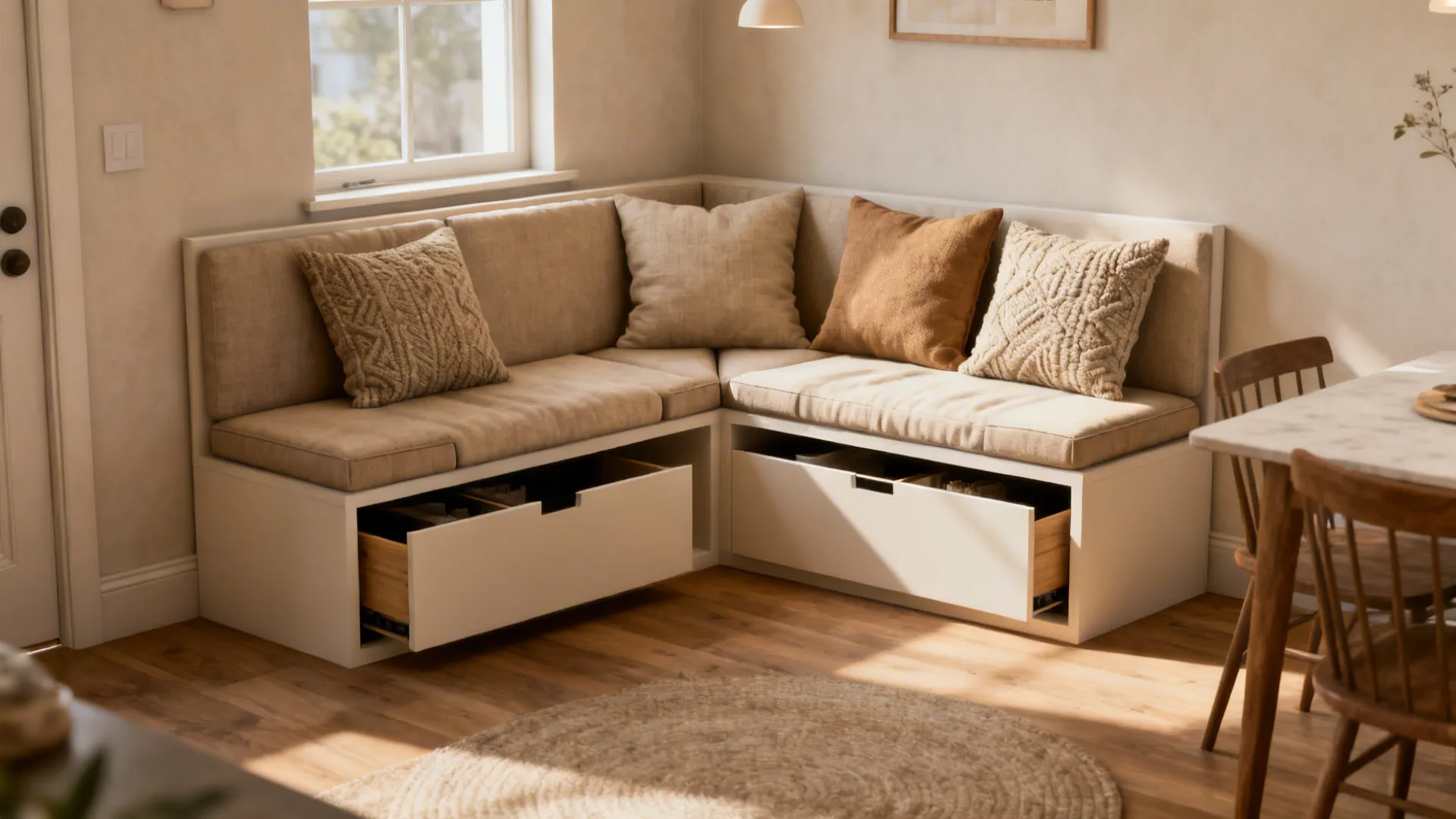 Built-in corner bench with removable cushions and hidden storage beside a small dining table