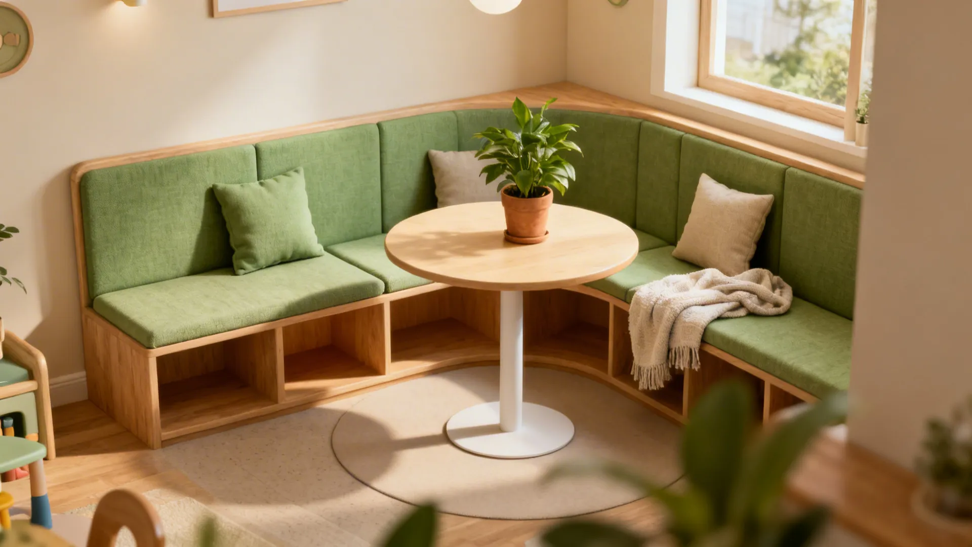 Green corner bench with wooden storage base paired with a round table and small plant