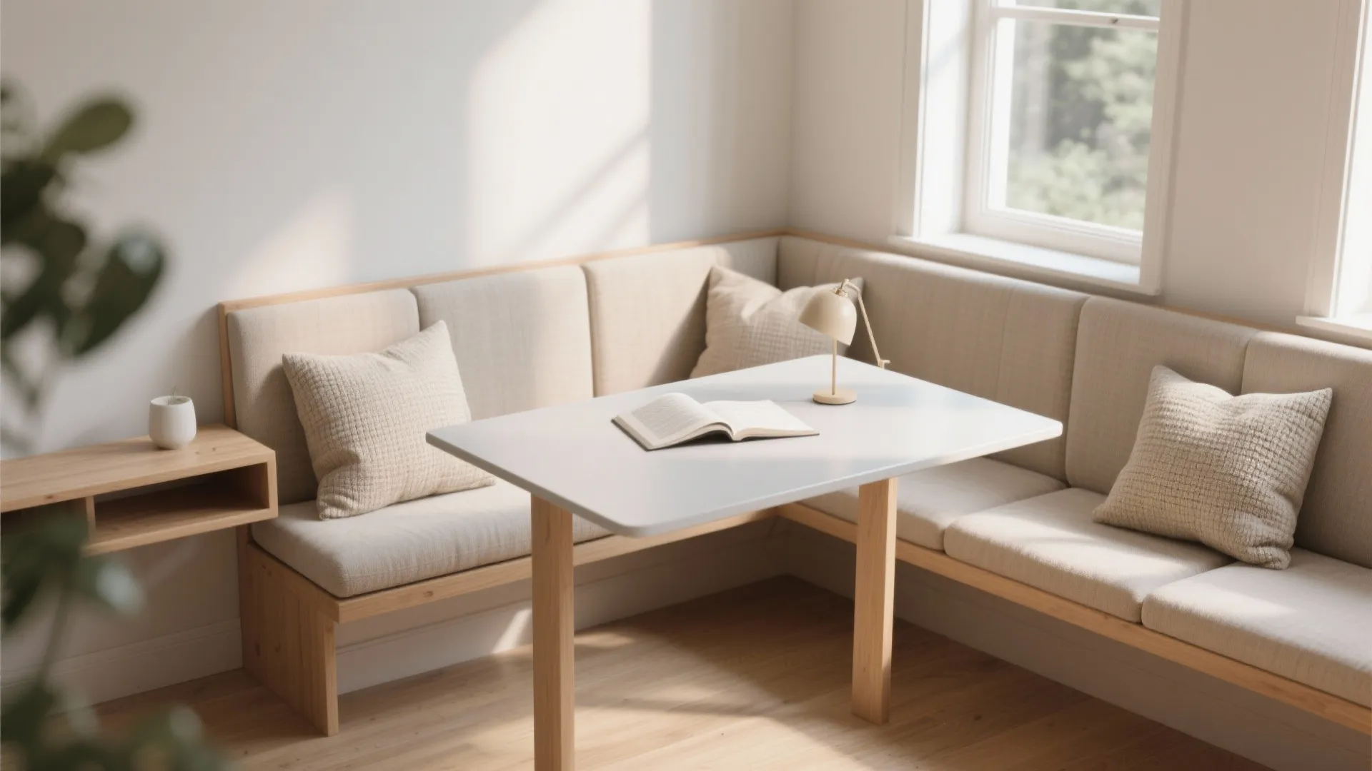 Cozy corner seating area with beige bench pillows and a white table near a window
