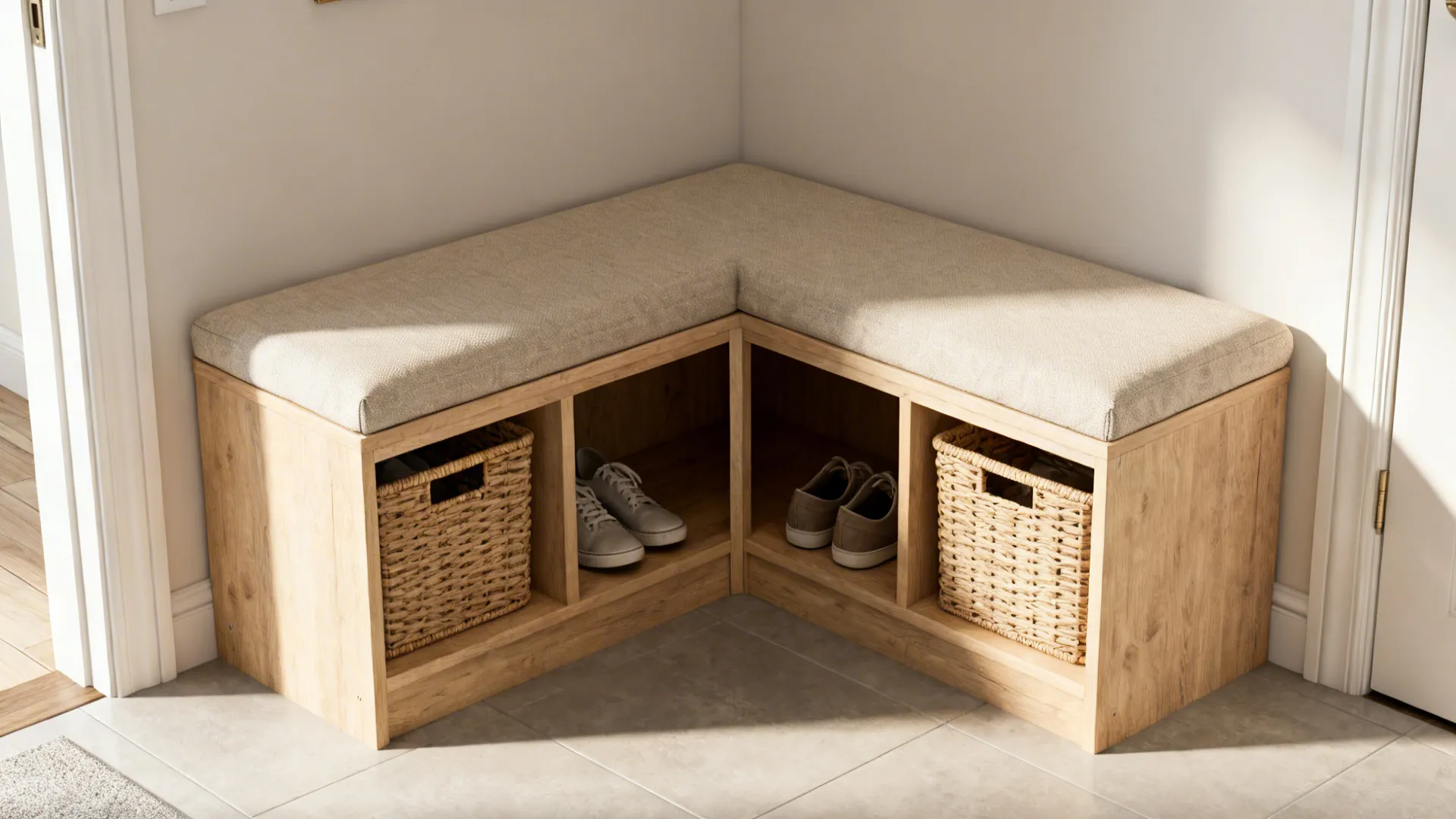Wooden corner bench with beige cushions storage cubes woven baskets and shoes in a house corner