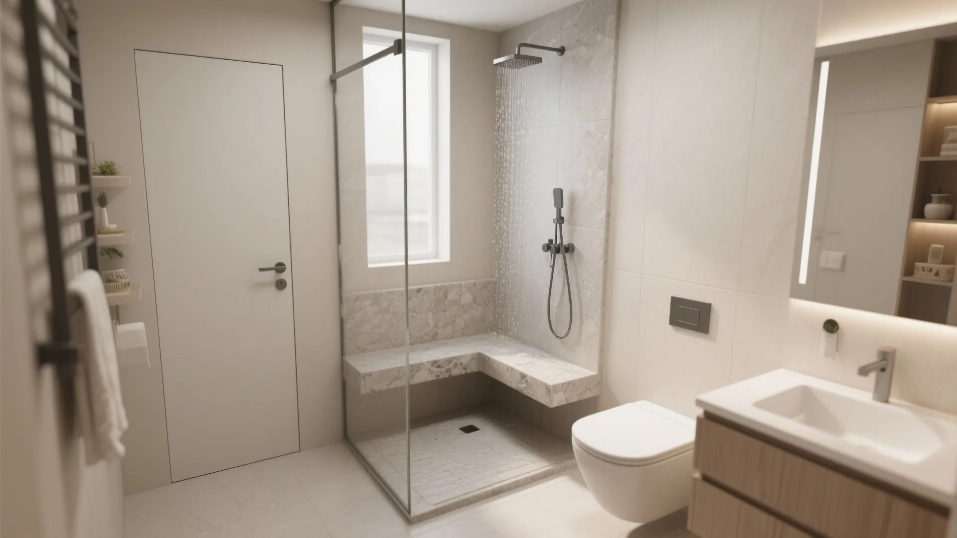 Modern bathroom with walk in shower featuring an L shaped stone bench glass wall and sink