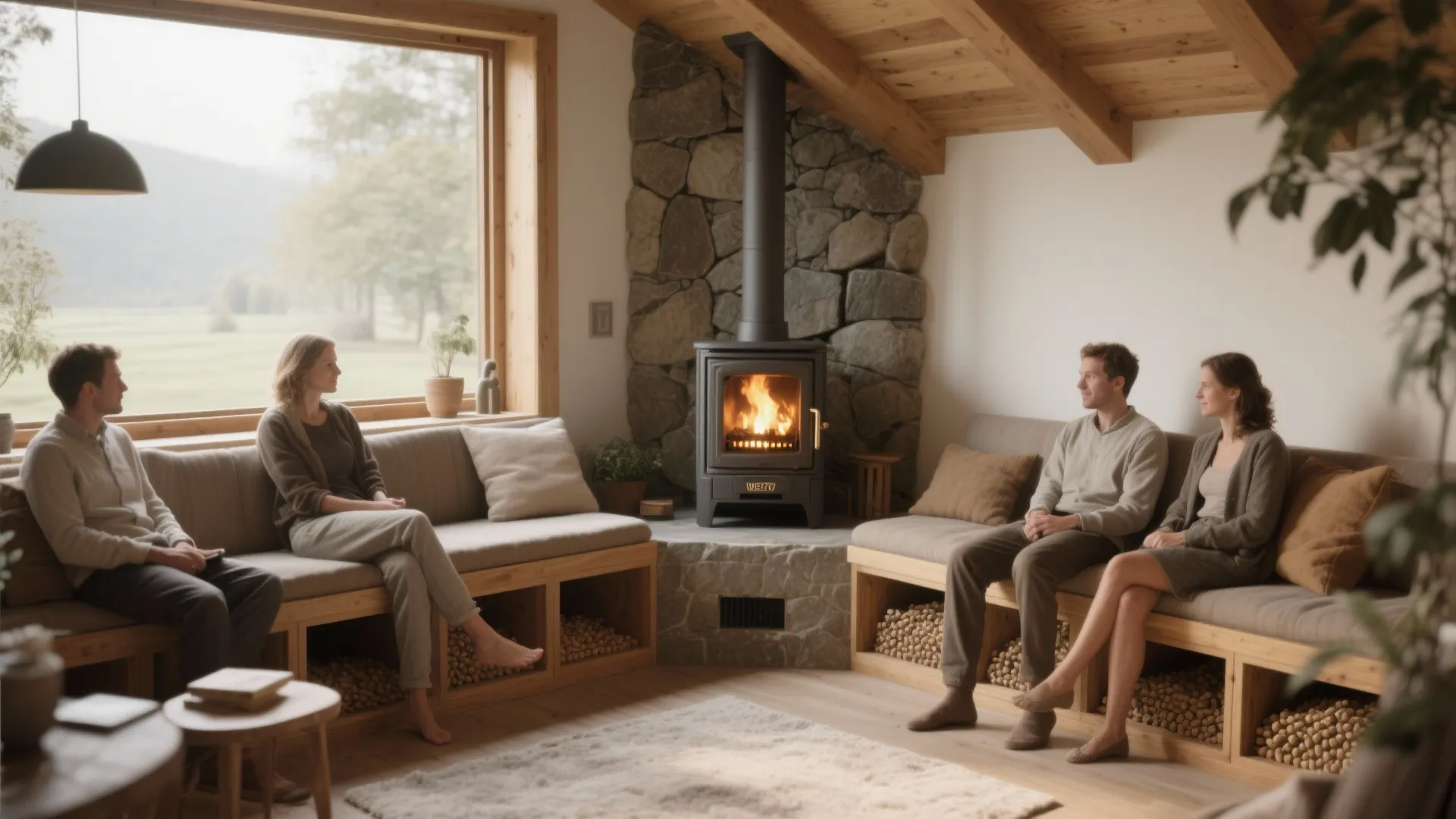 Four people sitting on built-in wooden benches around a black fireplace in a cozy room