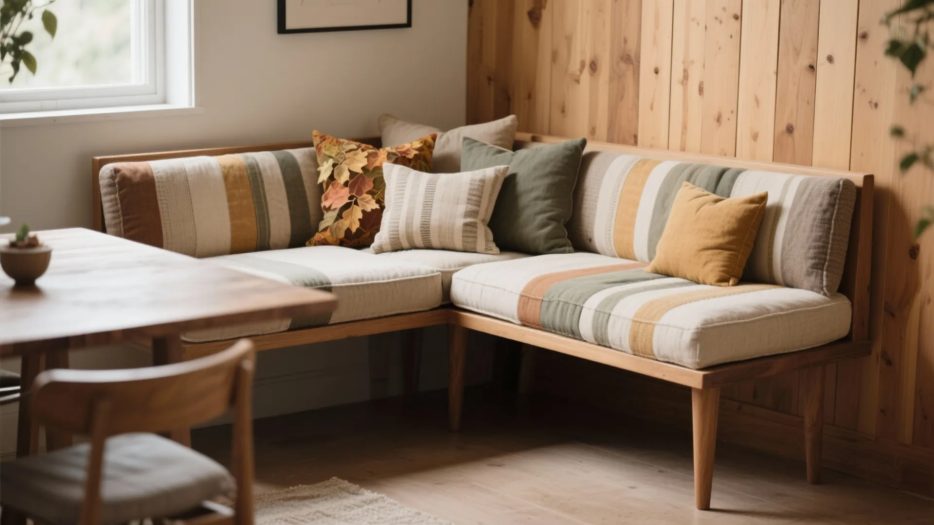 Corner wooden bench with striped cushions and colorful pillows against a light wood panel wall