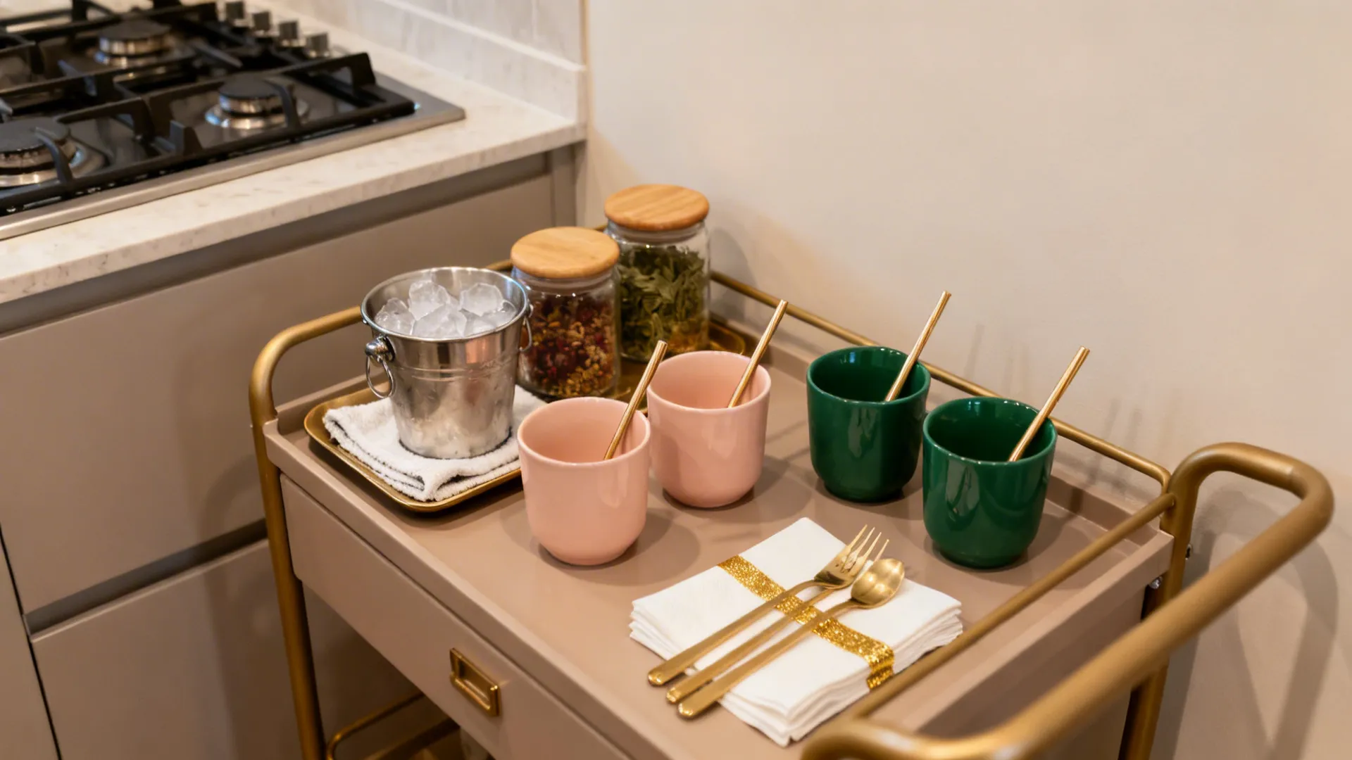 Corner beverage station with blush and forest green cups, lidded garnish jars, and a small ice bucket on a tray.