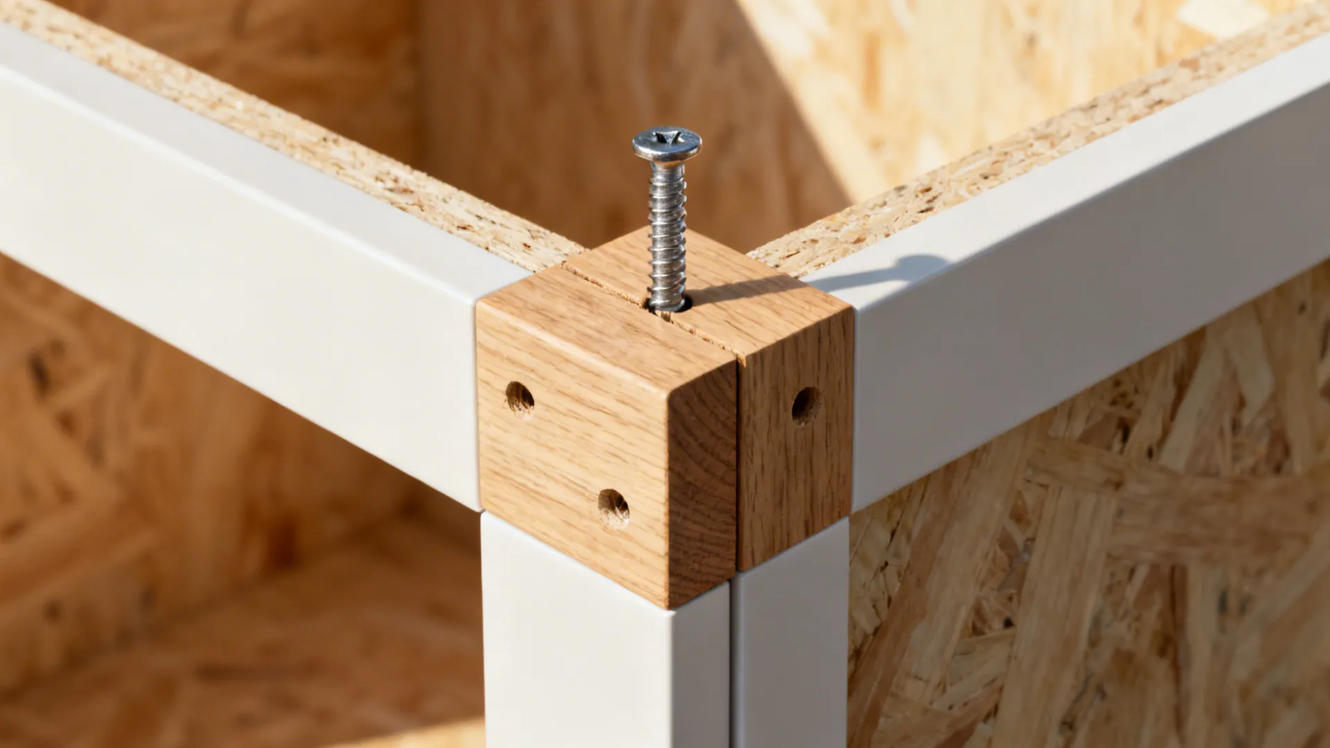 Macro interior of a framed cabinet with a hardwood corner block and pilot-drilled screws.