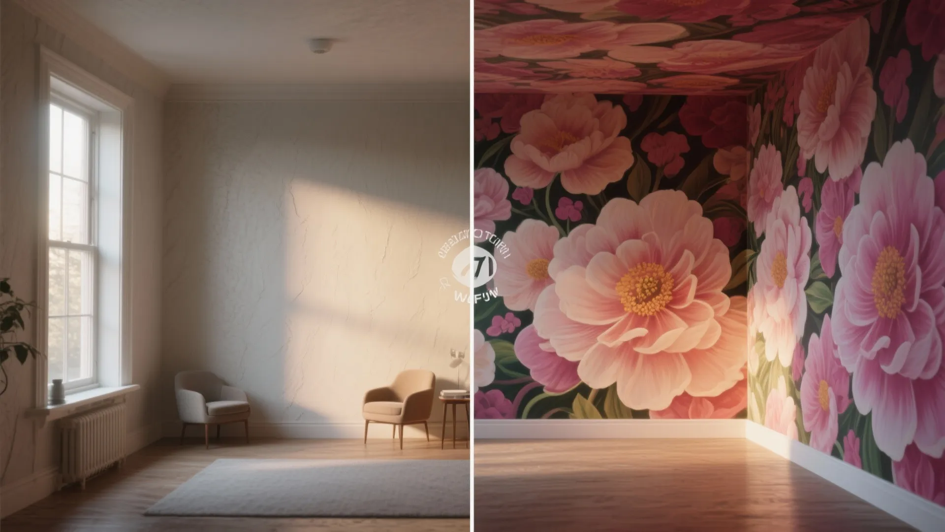 Before and after comparison of plain white wall versus pink flower pattern wall panel design