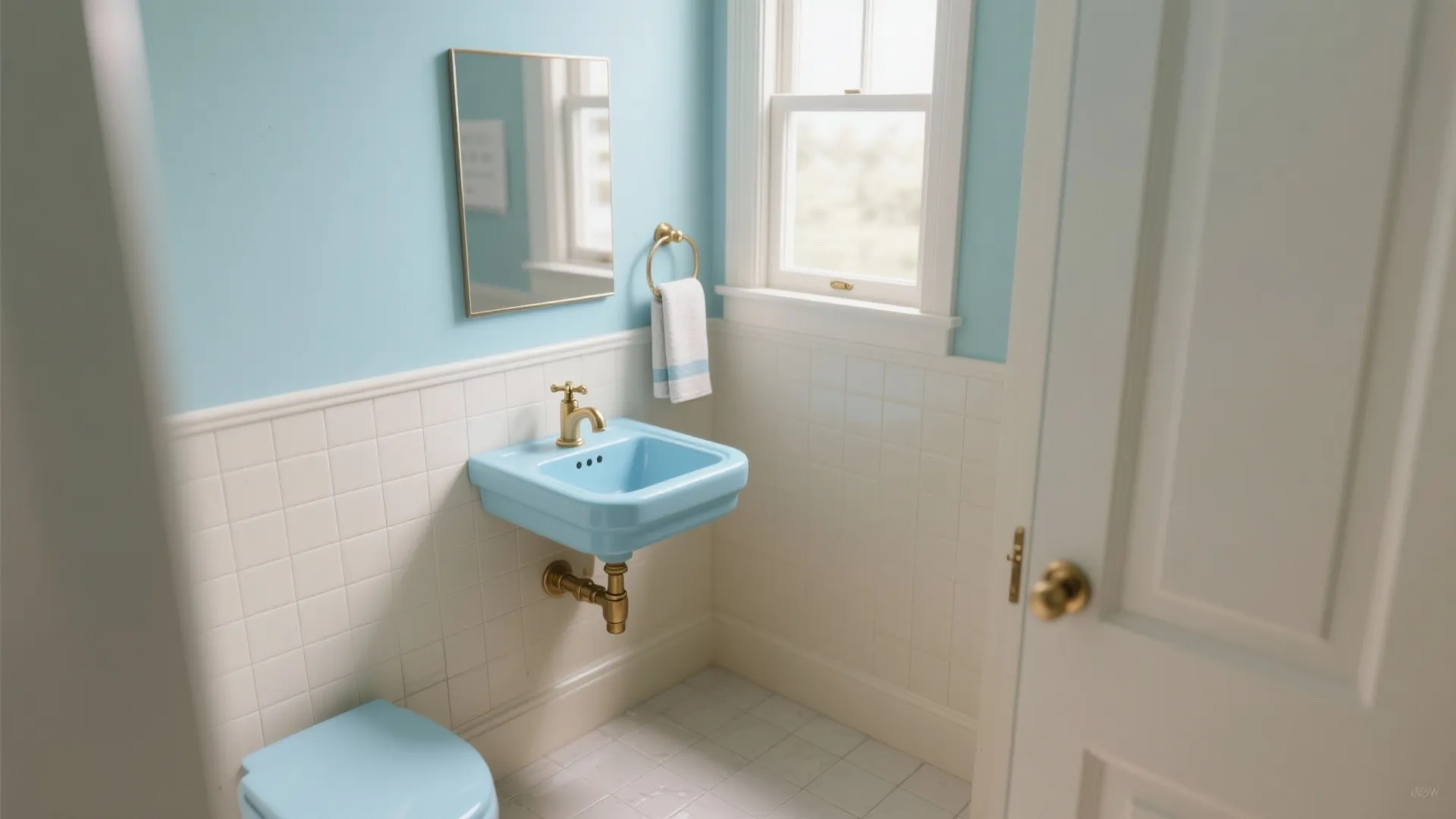5. Compact Corner Blue Sink for Micro Bathrooms