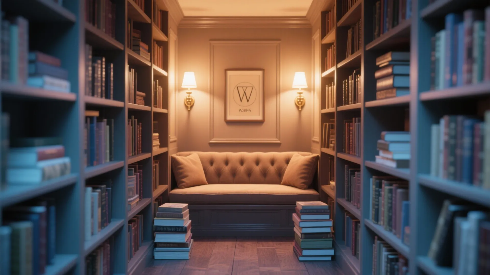 Small home library with tall bookshelves surrounding a cozy sofa and warm wall light fixtures