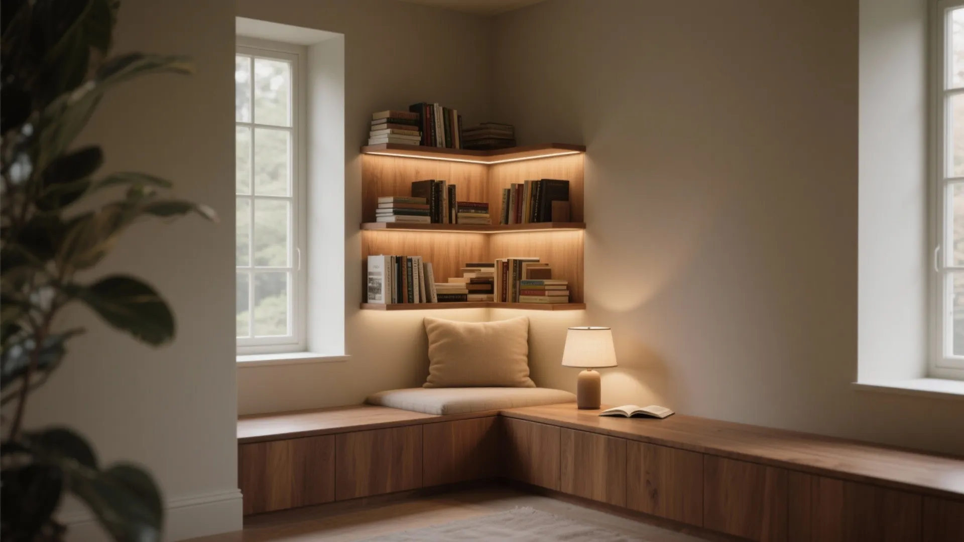 Cozy corner reading nook with wooden wall shelves integrated light soft cushion and two windows