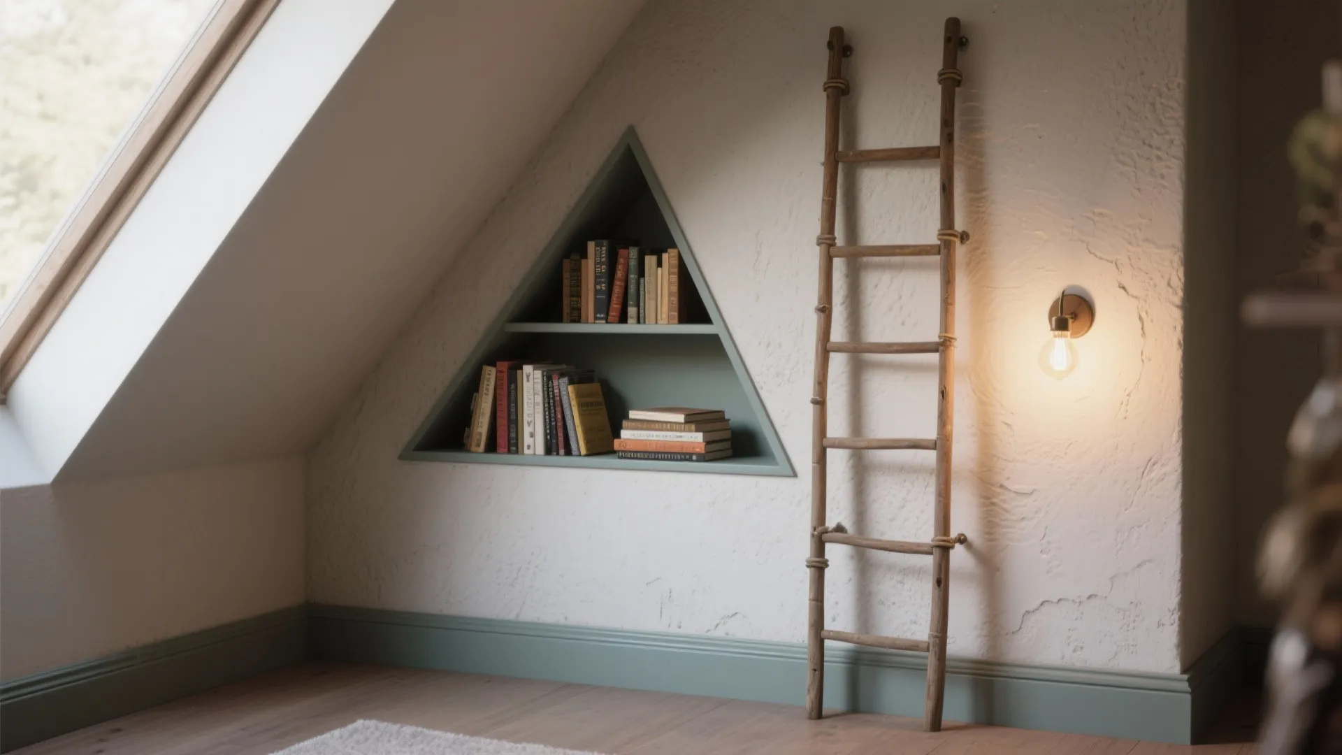 Attic reading corner with triangle wall shelf and books beside a wooden ladder and light