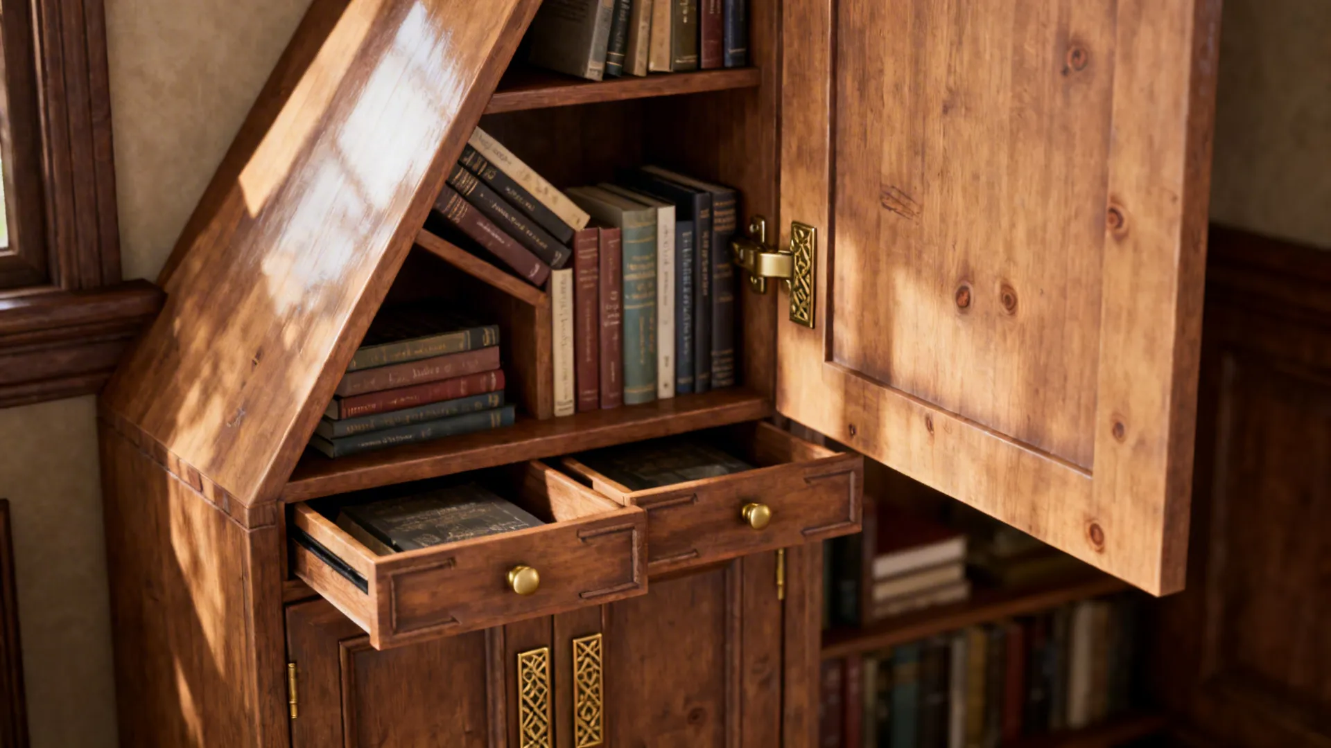 Triangular corner bookcase with shallow shelves and pull-out trays making corner storage accessible.