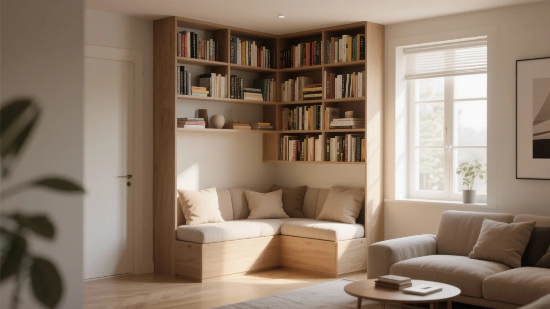 Corner bookcase with cozy reading nook in small living room