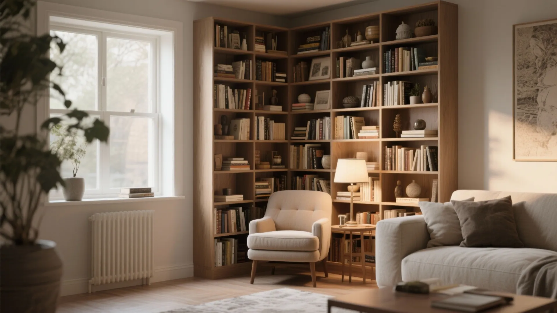 Tall slim corner bookcase beside a cozy reading chair and lamp