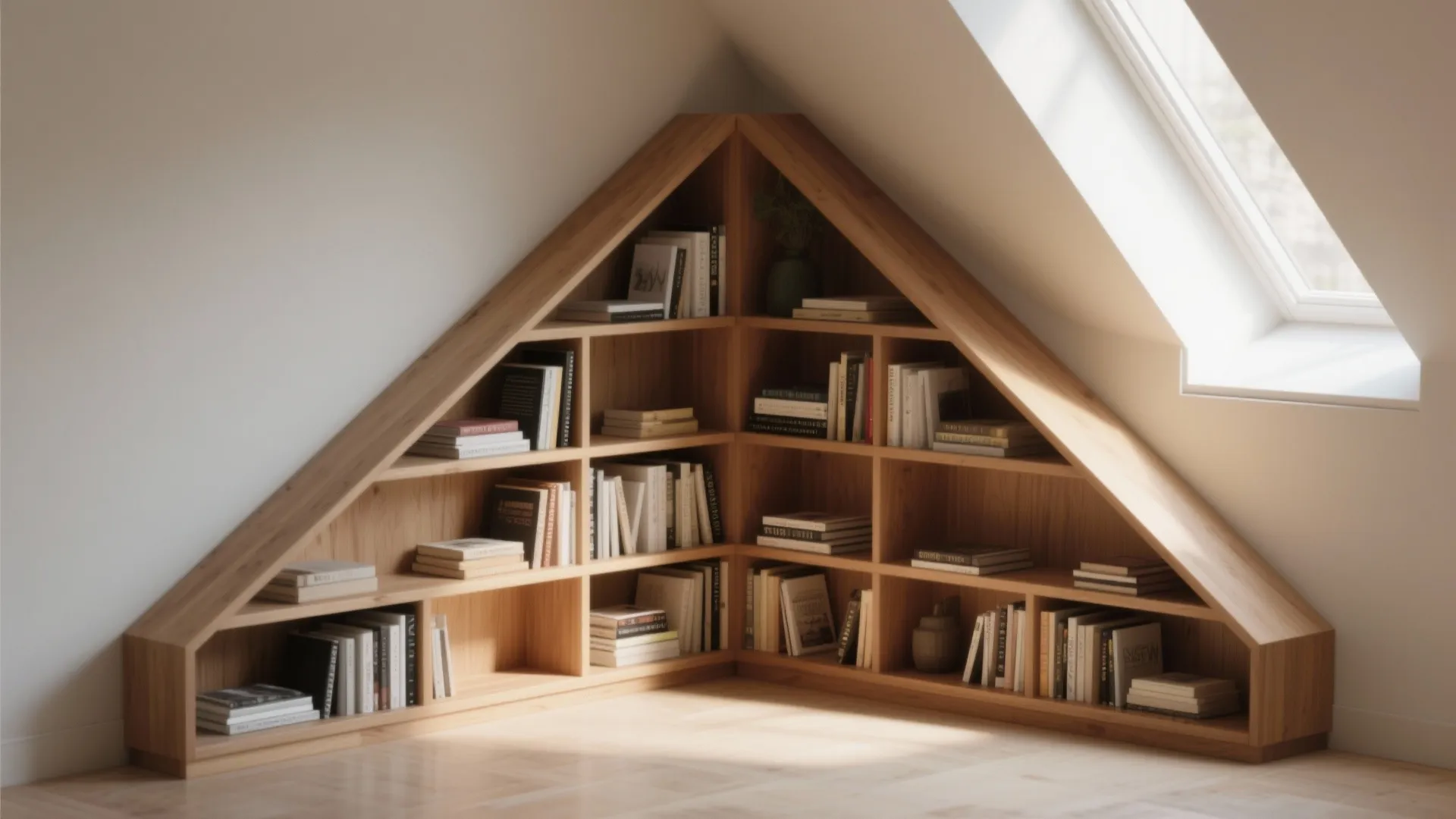 Custom wooden corner bookshelf under sloped attic roof window filled with many books and decorations
