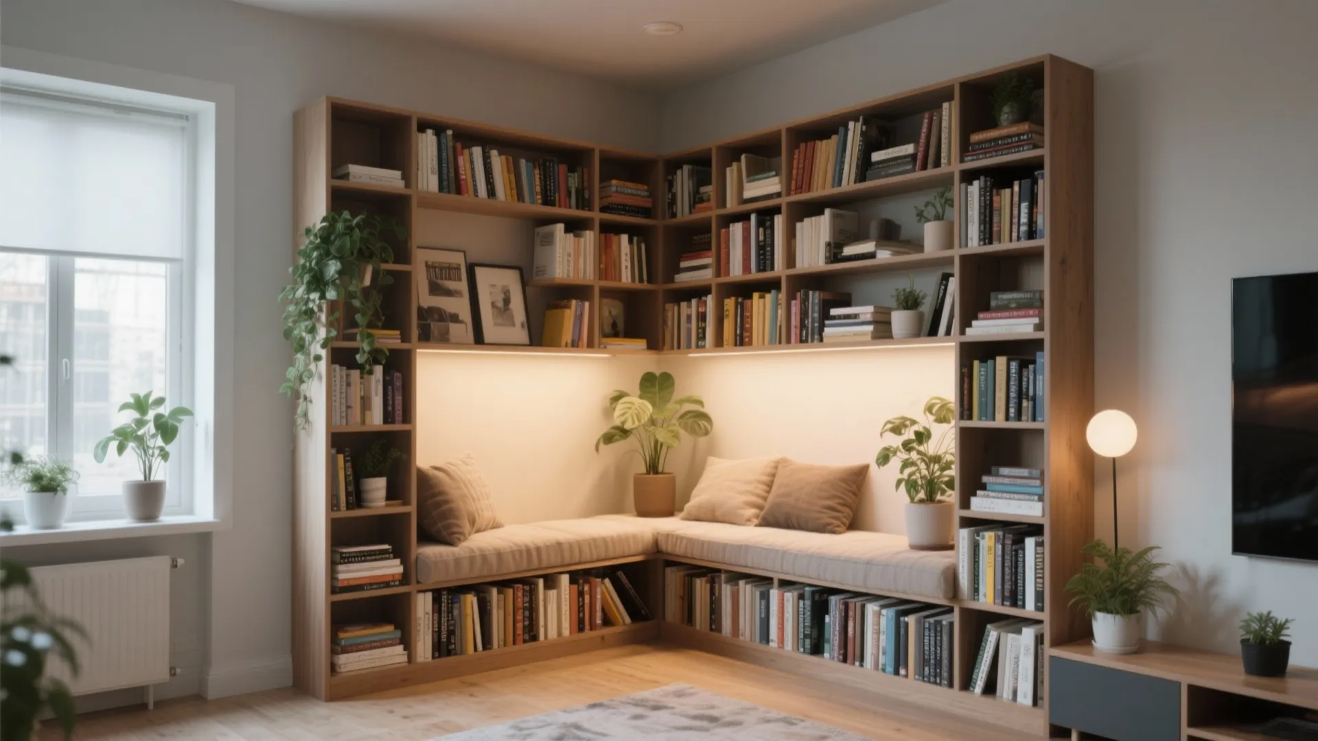 Corner wooden bookshelf with built-in seating area warm lighting green plants books and soft cushions