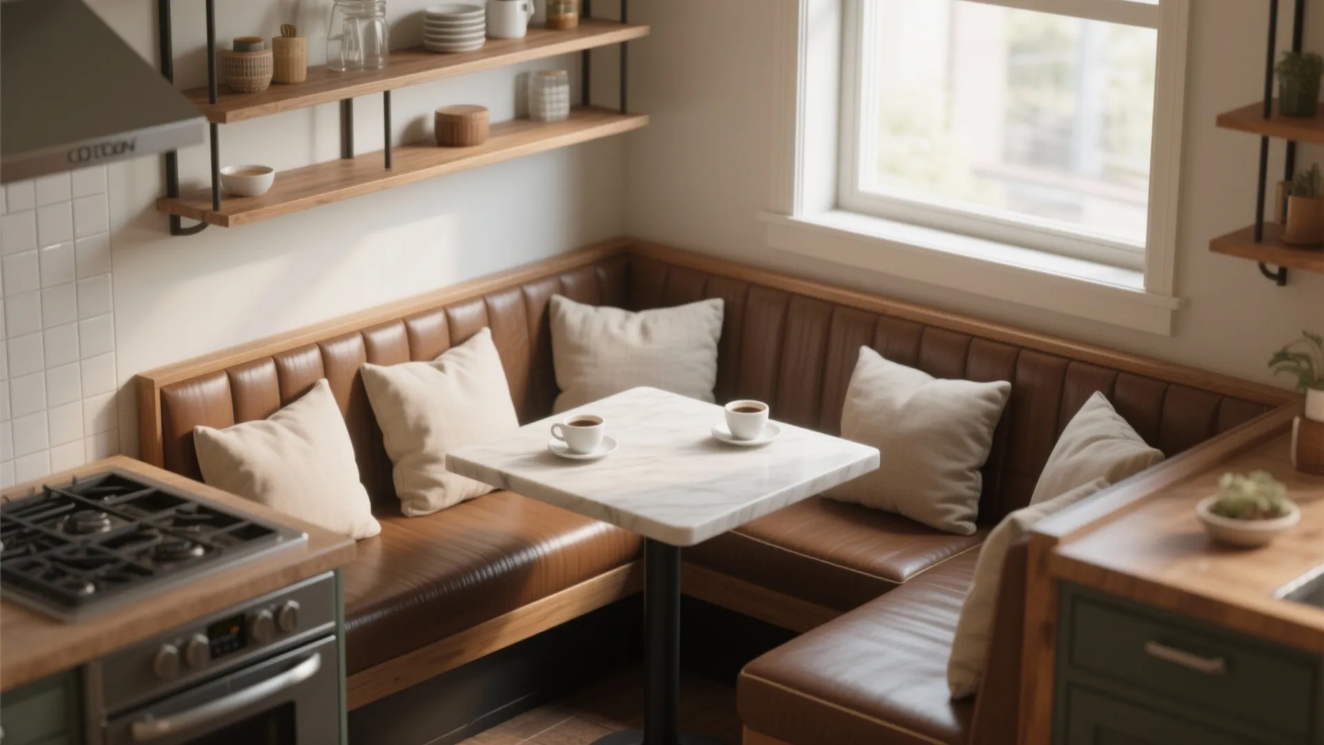Cozy kitchen corner with brown leather sofa seating marble table and white coffee cups setup