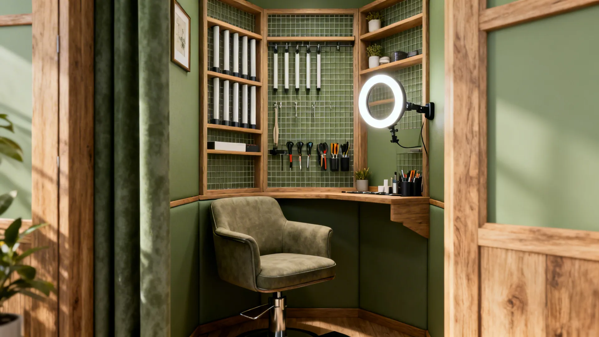 Cozy corner salon booth with chair, open shelves, mounted ring light and vertical organizers