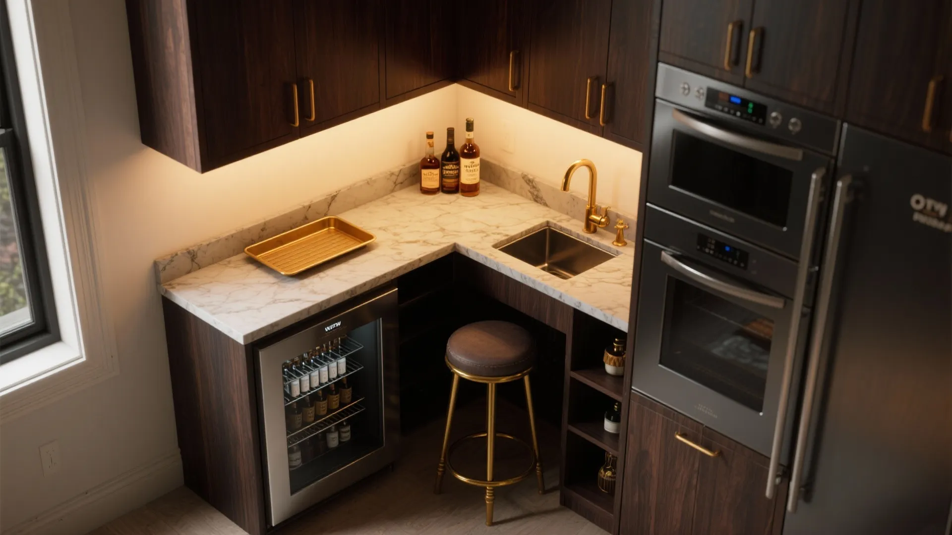 Triangular corner bourbon bar with fold-down counter, compact fridge and sink tray in a cozy nook.