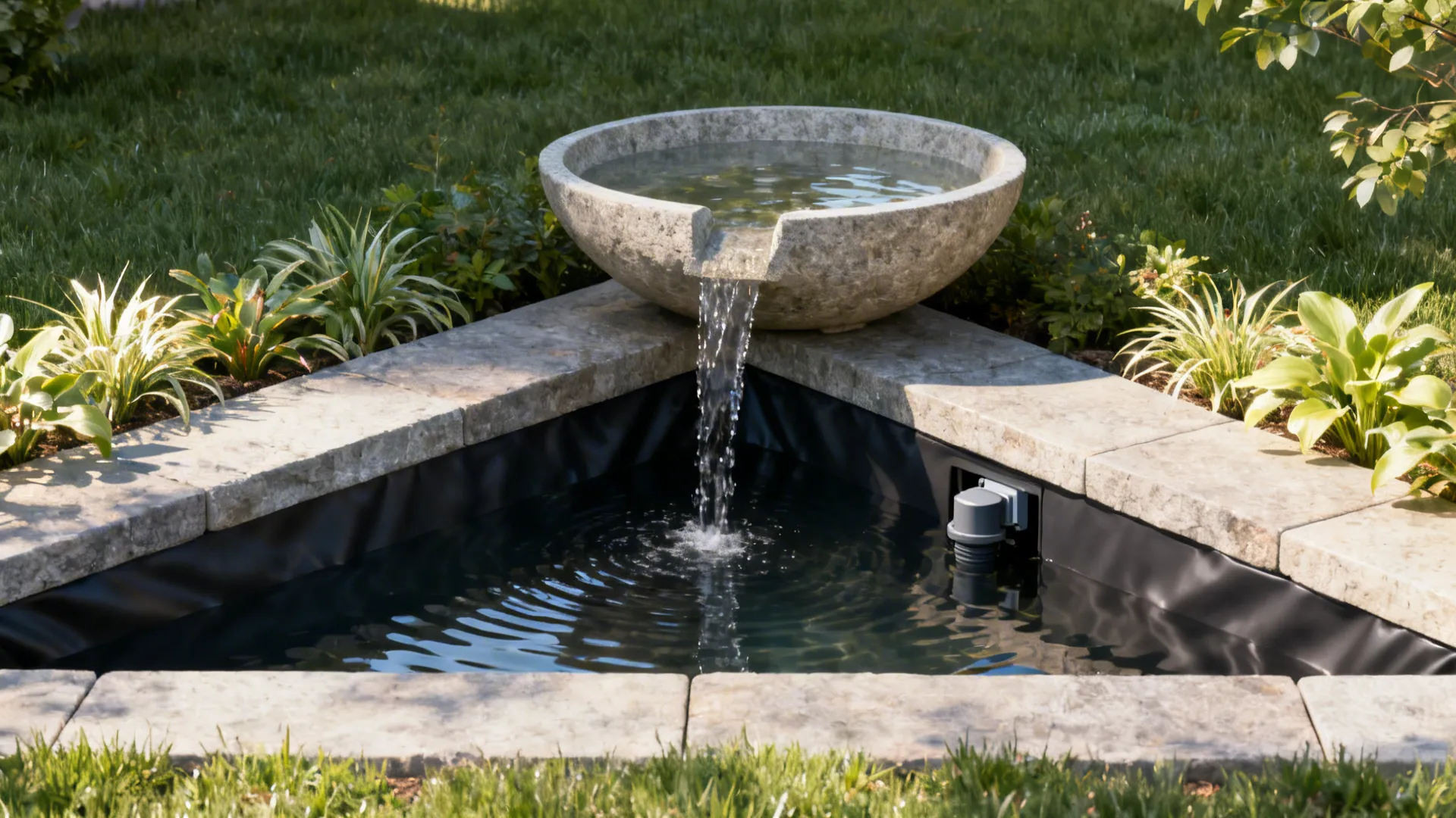 Corner bowl pond with a stone spillway and marginal plants in a small yard corner.